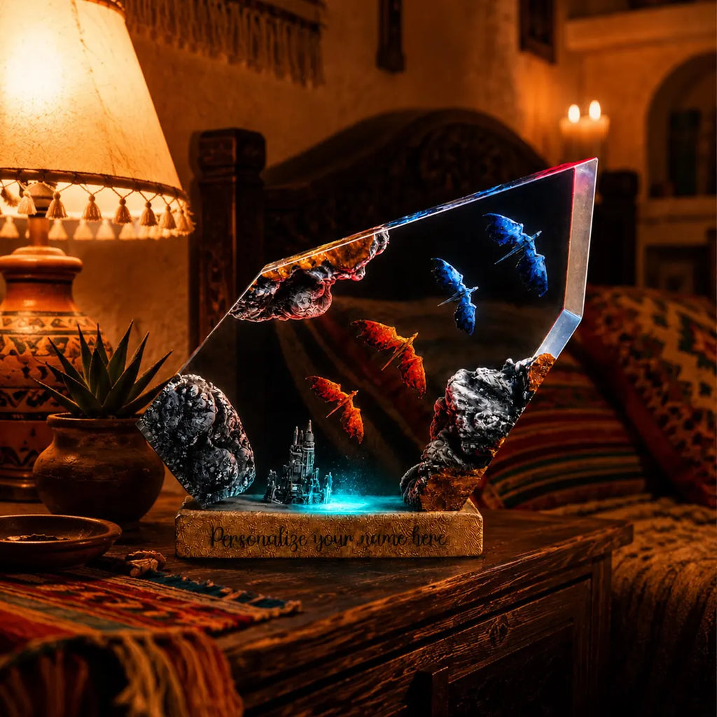 Dragon Resin Lamp, Personalized Fantasy Night Light, Medieval Castle Decor, Epoxy Wood Art, Gamer Gift, Gothic Bedroom Accent. ERNLVLA22