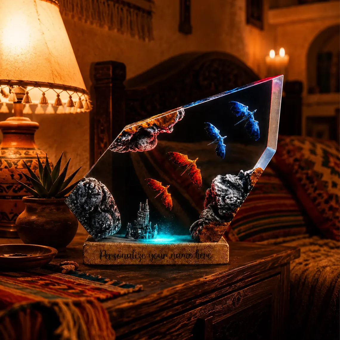 Dragon Resin Lamp, Personalized Fantasy Night Light, Medieval Castle Decor, Epoxy Wood Art, Gamer Gift, Gothic Bedroom Accent. ERNLVLA22