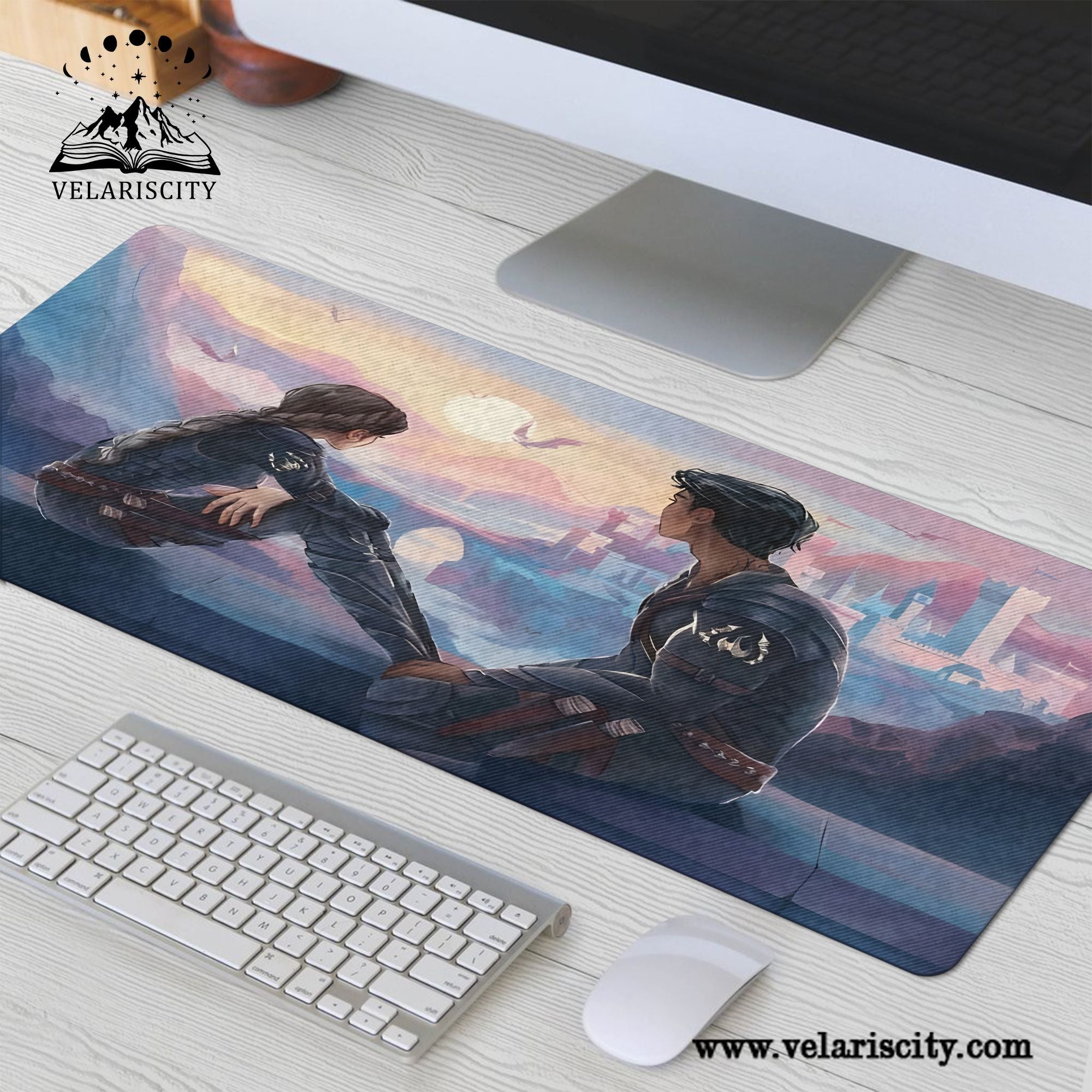 Fourth Wing Desk Mat, Violet and Xaden Sunset Scene with Dragons, Empyrean Series Fantasy Desk Pad DMVLR15
