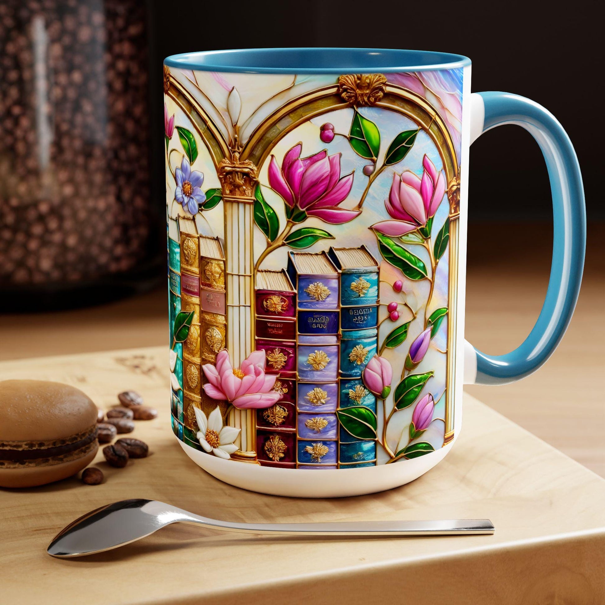 Floral Bookshelf Coffee Mug, Bookish Faux Stained-Glass Mug, Book Lover Gift, Library Aesthetic Cup