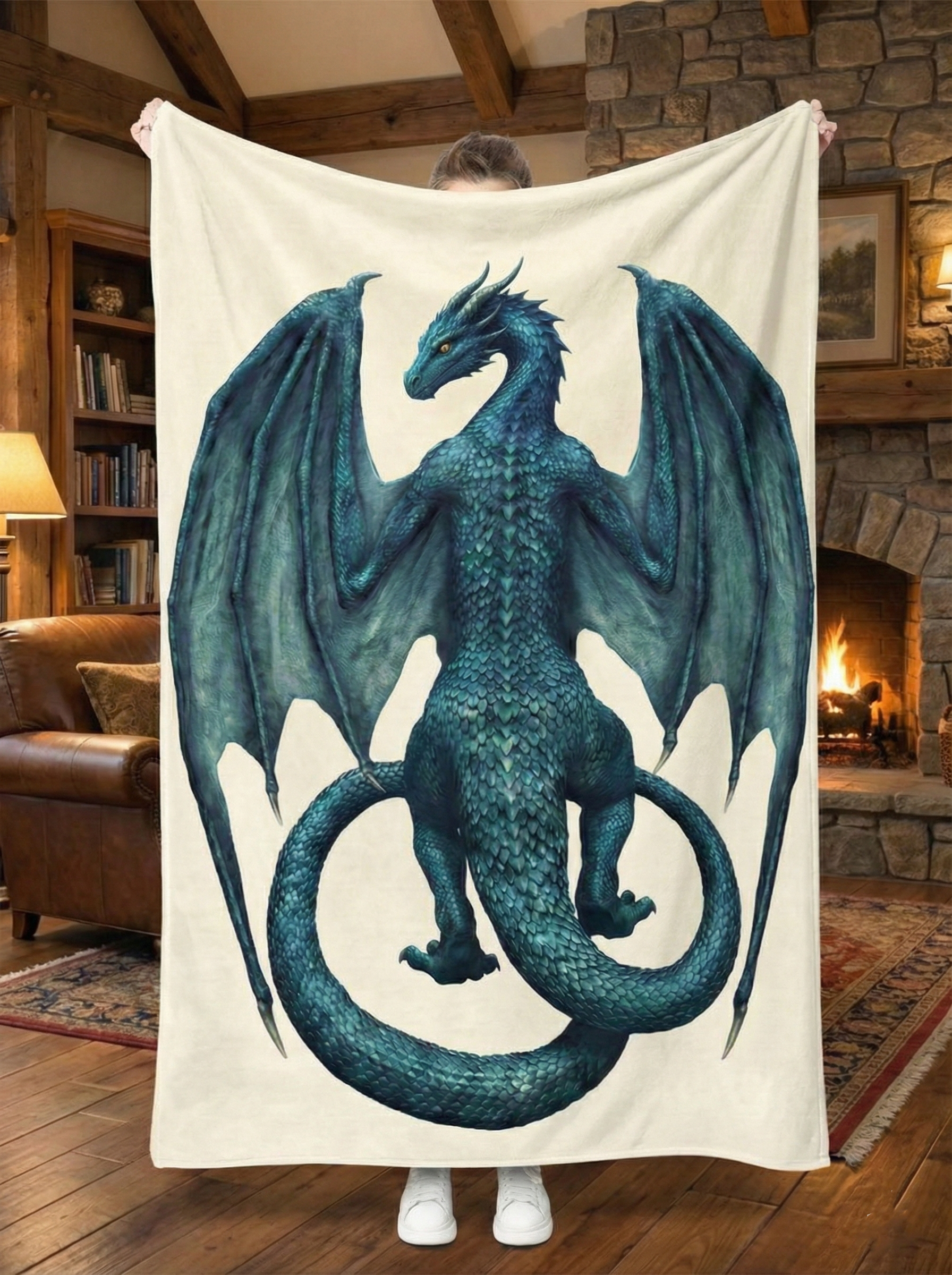 Blue Dragon Fantasy Blanket, Majestic Winged Dragon Design, Mythical Dragon Art Blanket, Cozy Fleece Sherpa Blanket, Gift for Fantasy Lovers BLK05