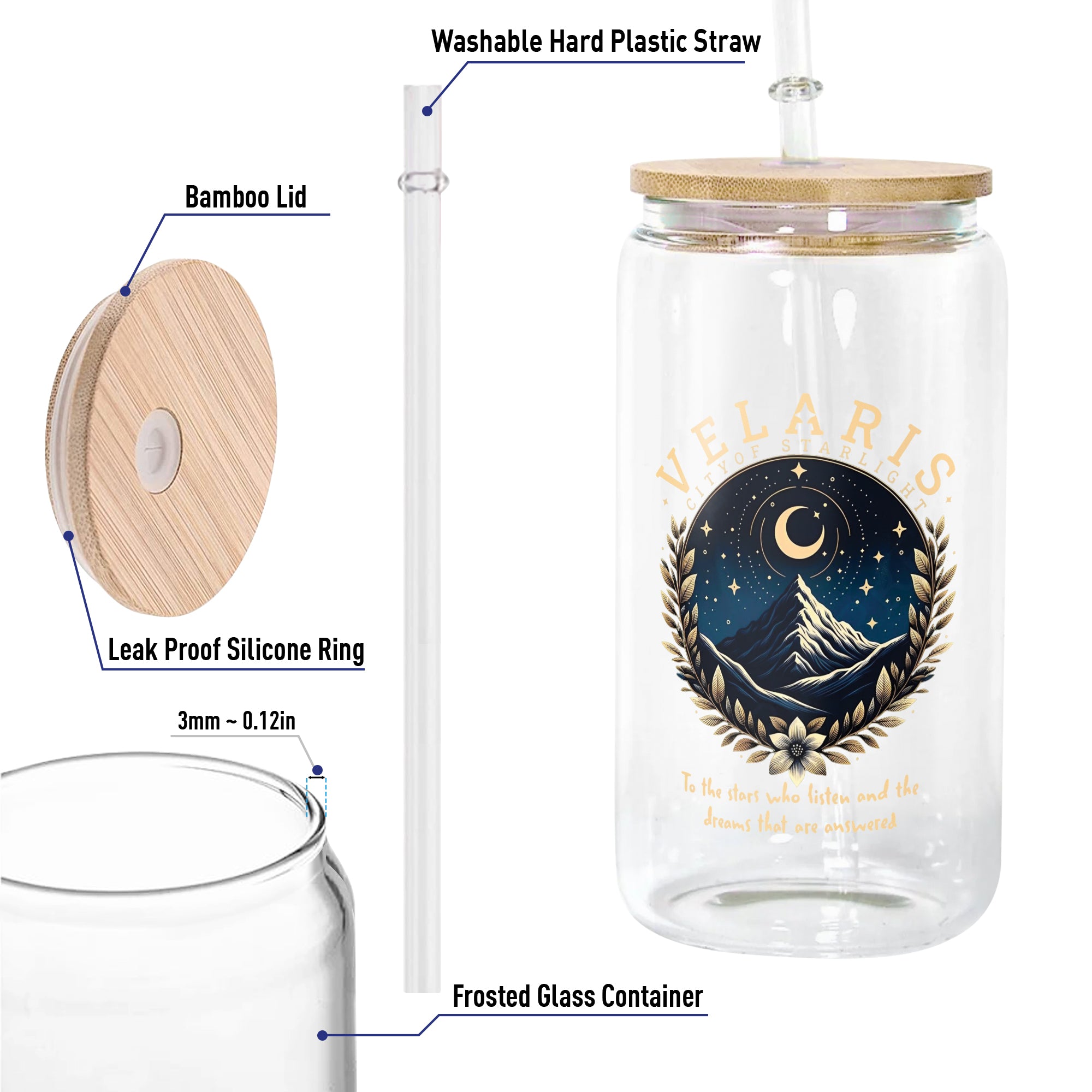 Velaris City of Starlight Glass Can Cup with Straw, ACOTAR To The Stars Quote Tumbler, Bookish Fantasy Gift GLVLR41