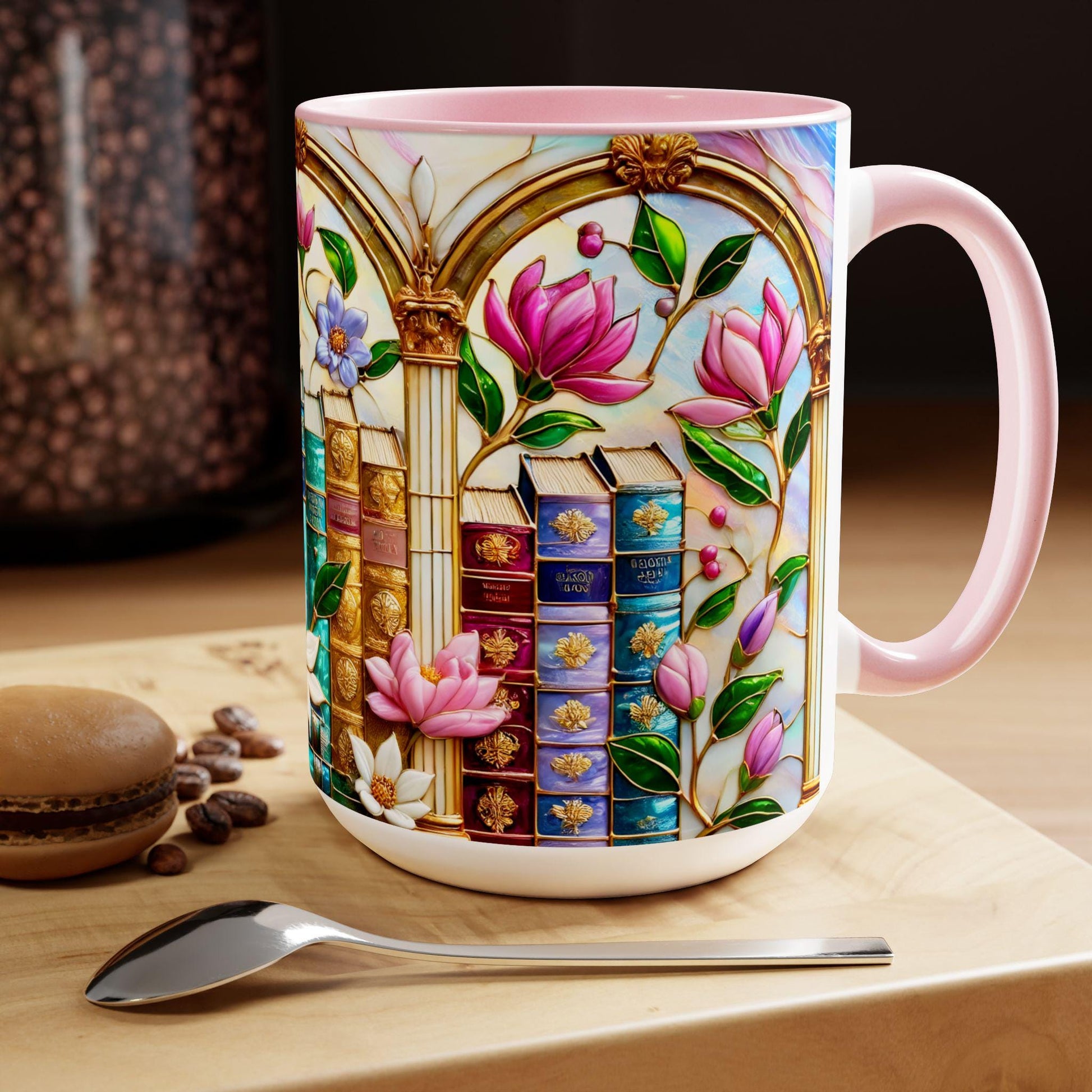 Floral Bookshelf Coffee Mug, Bookish Faux Stained-Glass Mug, Book Lover Gift, Library Aesthetic Cup