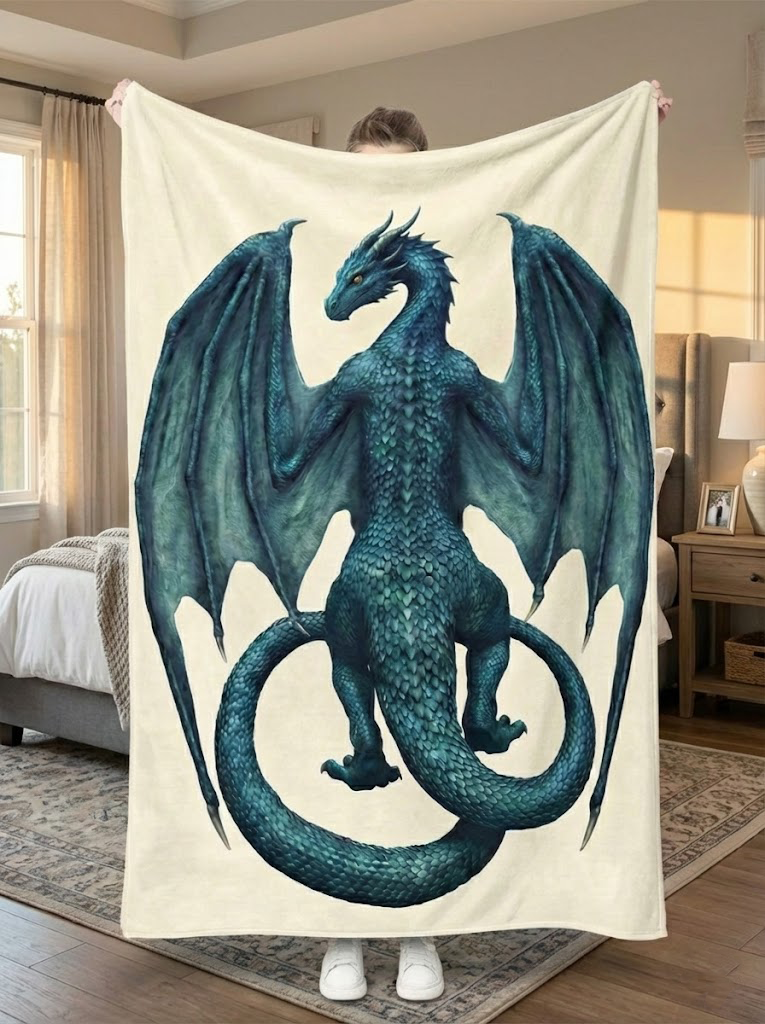 Blue Dragon Fantasy Blanket, Majestic Winged Dragon Design, Mythical Dragon Art Blanket, Cozy Fleece Sherpa Blanket, Gift for Fantasy Lovers BLK05