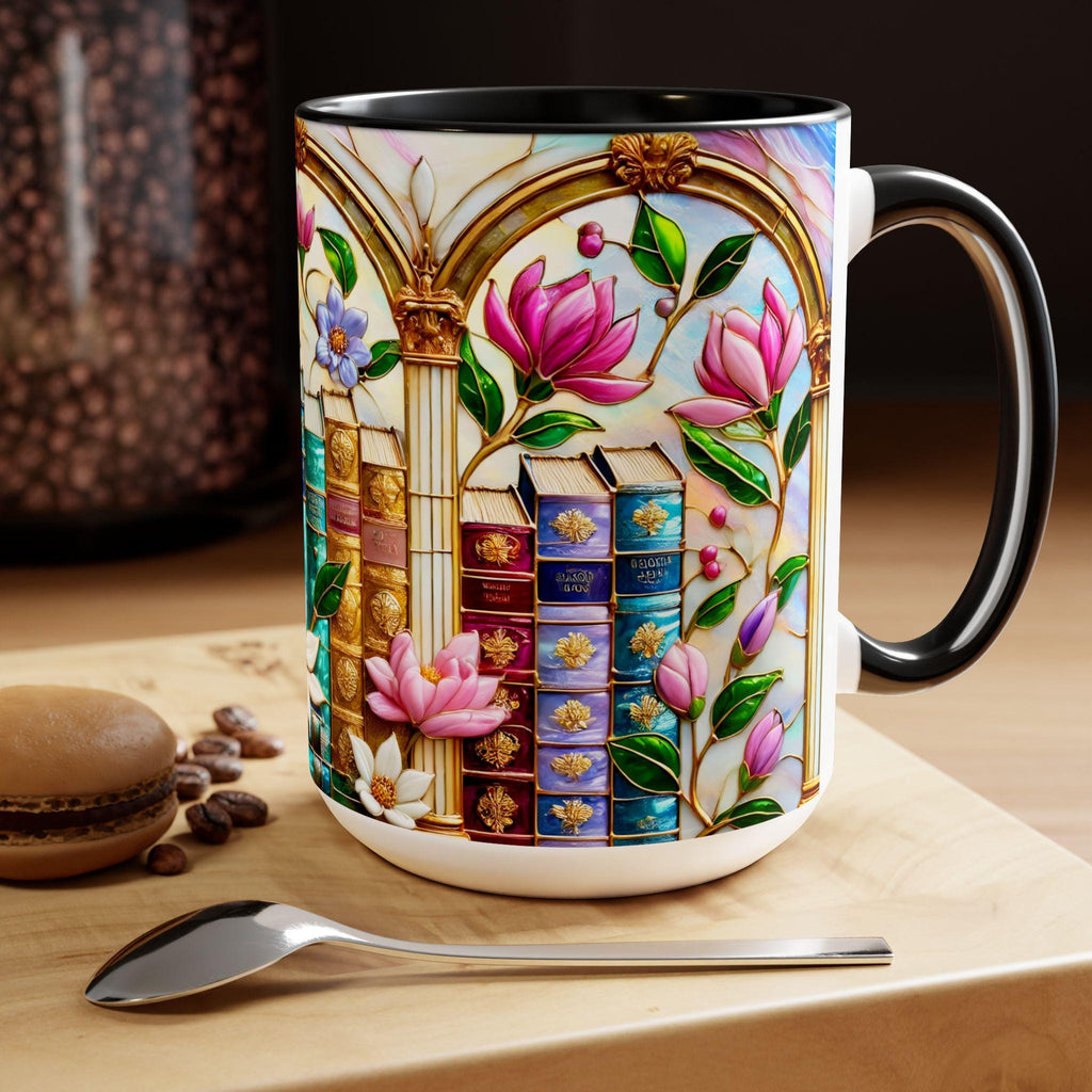 Floral Bookshelf Coffee Mug, Bookish Faux Stained-Glass Mug, Book Lover Gift, Library Aesthetic Cup