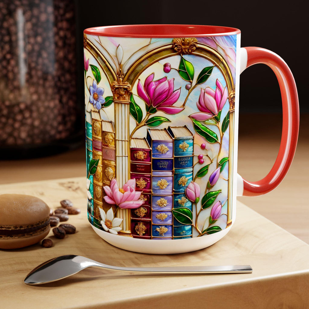 Floral Bookshelf Coffee Mug, Bookish Faux Stained-Glass Mug, Book Lover Gift, Library Aesthetic Cup