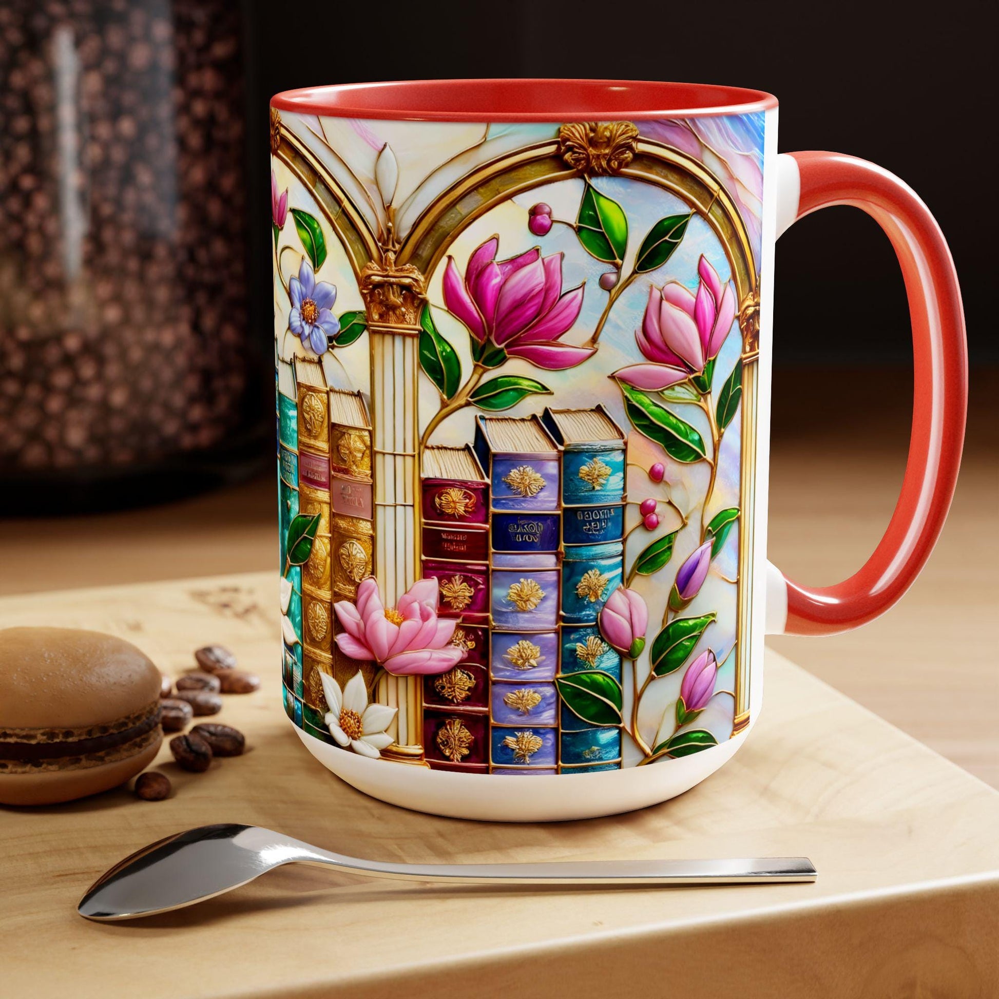 Floral Bookshelf Coffee Mug, Bookish Faux Stained-Glass Mug, Book Lover Gift, Library Aesthetic Cup