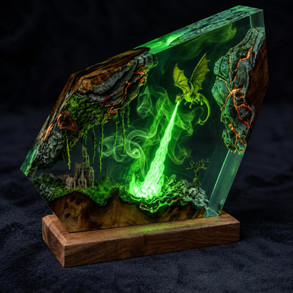 Lava Dragon Resin Lamp, Volcano Epoxy Night Light, Fire Dragon Statue, Gamer Room Desk Decor, Unique Fantasy Gift for Him. ERNLVLA06