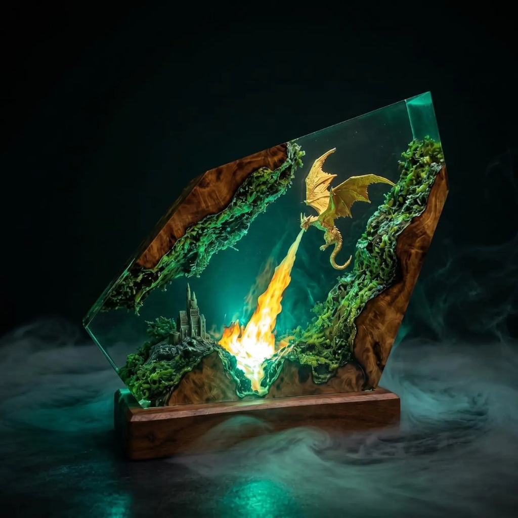 Fire Dragon Resin Lamp – Epoxy Wood Dragon Lamp | Handmade Fantasy Night Light | Dragon Figure Decor | Unique Gift for Gamers & Collectors. ERNLVLA03