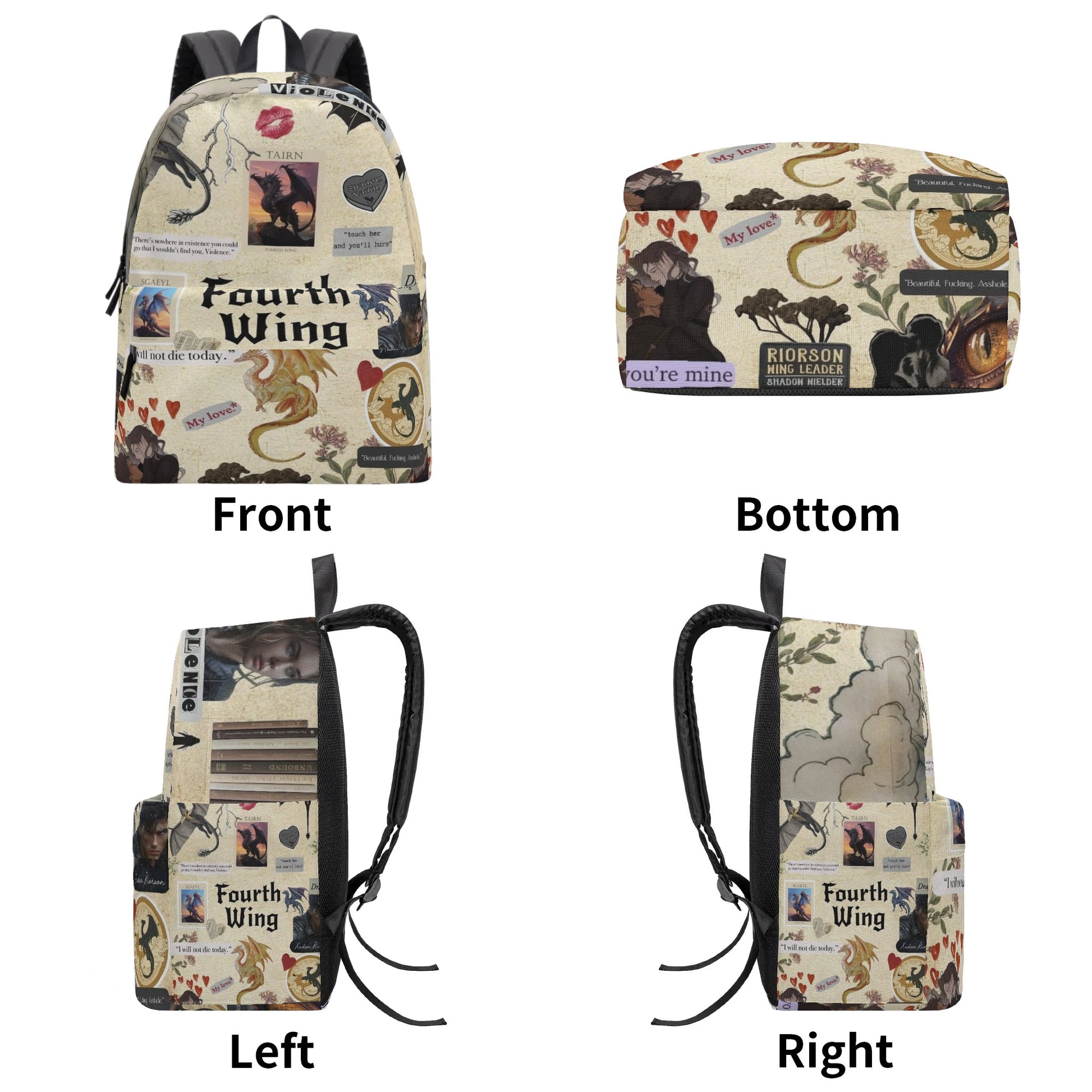 Fourth Wing Collage Design Backpack, Fantasy Dragon and Quote Pattern Bag, Book Lover Gift BPVLR53