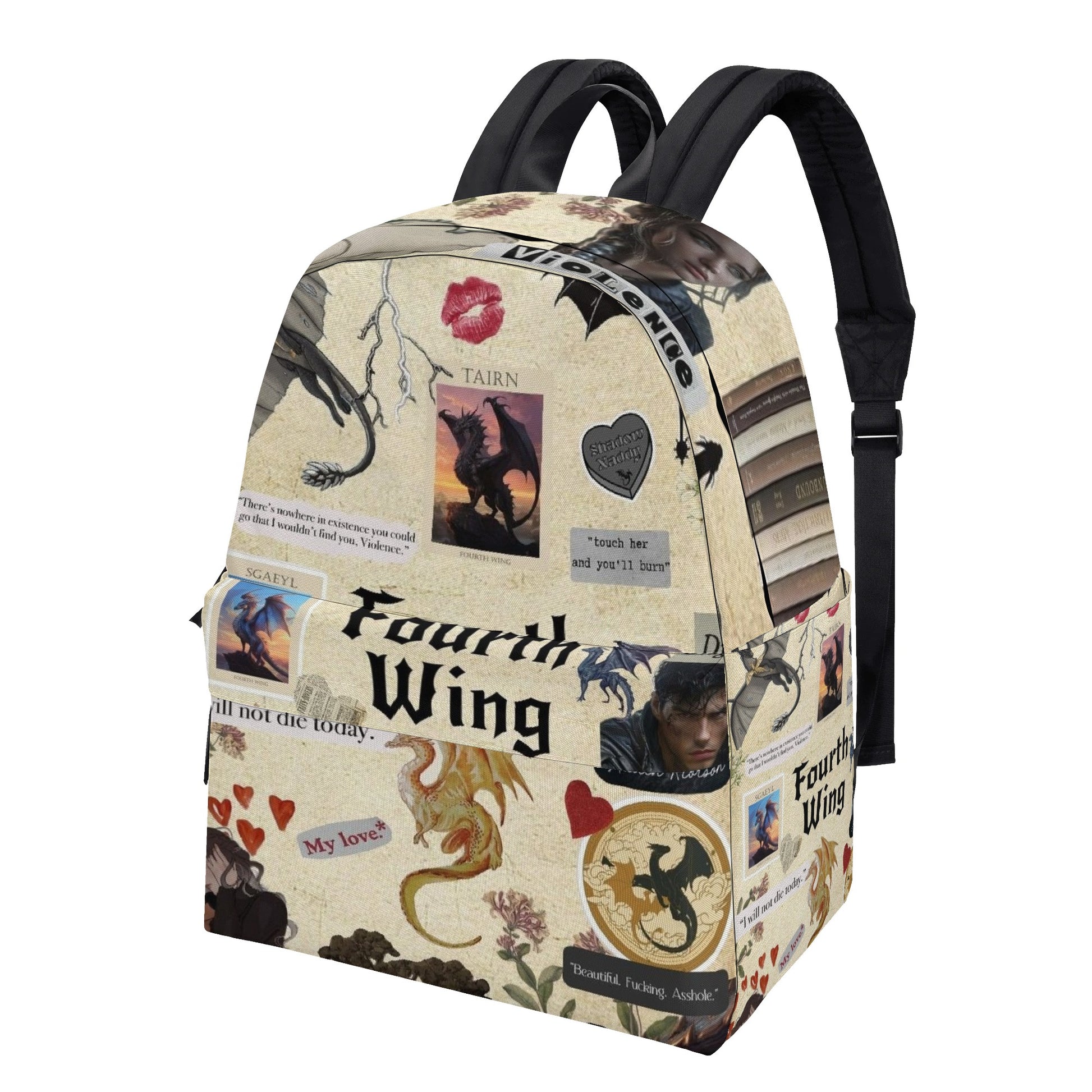 Fourth Wing Collage Design Backpack, Fantasy Dragon and Quote Pattern Bag, Book Lover Gift BPVLR53