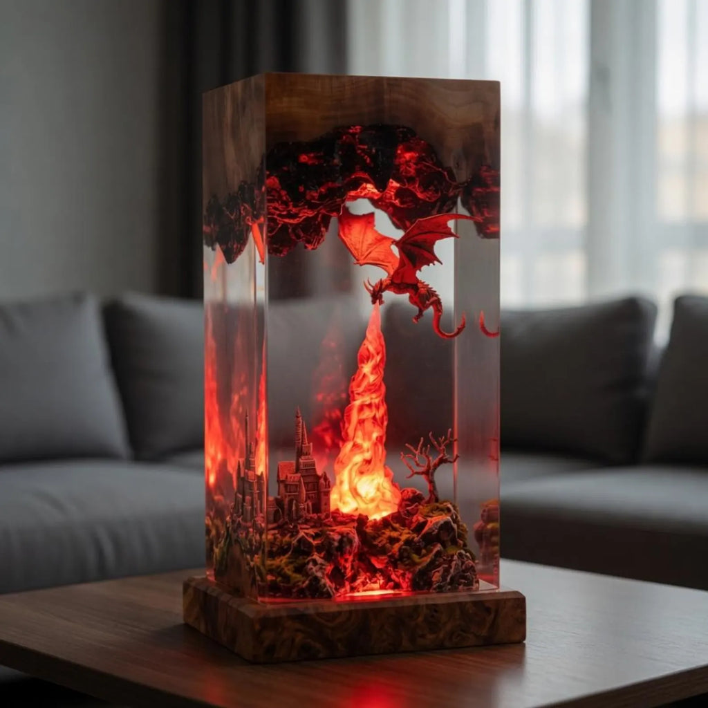 Dragon Resin Lamp, Fantasy Dragon Night Light, Handmade Epoxy Resin Art, Fire Dragon Desk Lamp, Castle Diorama LED Decor Gift, Gift for Dad. ERNLVLA05