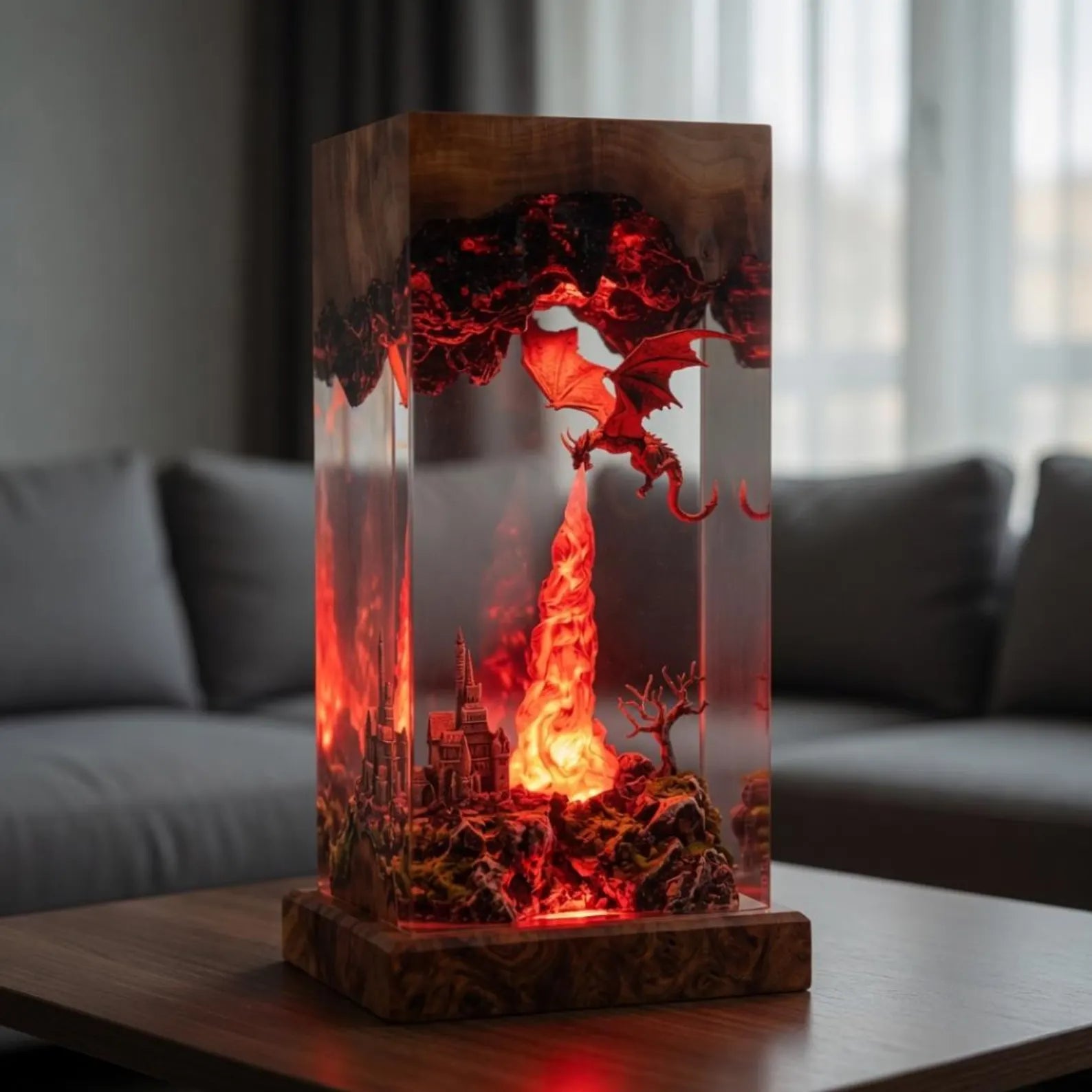 Dragon Resin Lamp, Fantasy Dragon Night Light, Handmade Epoxy Resin Art, Fire Dragon Desk Lamp, Castle Diorama LED Decor Gift, Gift for Dad. ERNLVLA05