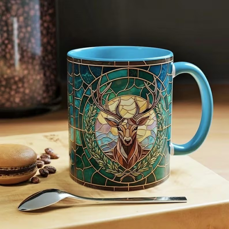 Terrasen Stag Stained Glass Style Mug, Throne of Glass Inspired Coffee Mug, White Stag Fantasy Art Cup, Bookish Reading Tea Mug