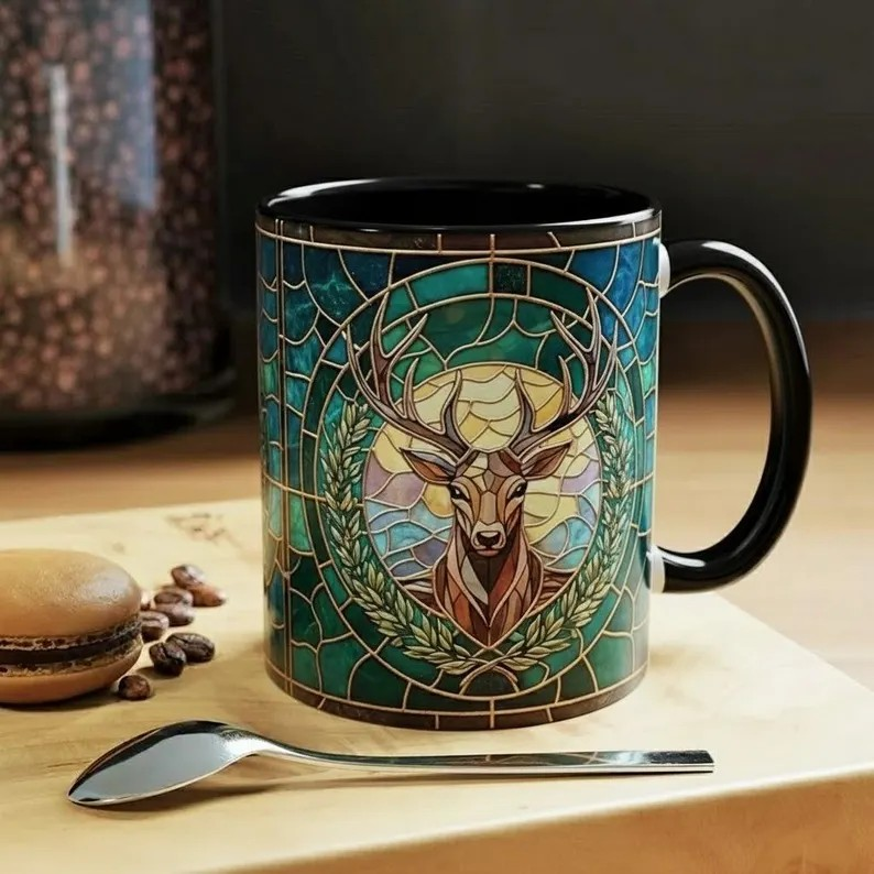 Terrasen Stag Stained Glass Style Mug, Throne of Glass Inspired Coffee Mug, White Stag Fantasy Art Cup, Bookish Reading Tea Mug