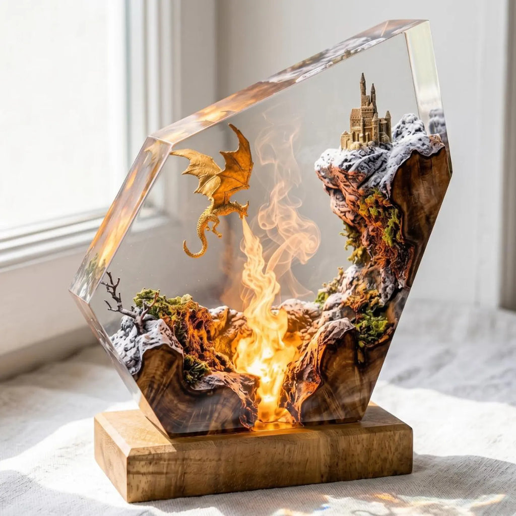 Handmade Dragon Resin Lamp, Fantasy Castle Diorama Night Light, LED Wood Base, Fire Dragon Resin Lamp, Handmade Fantasy Epoxy Night Light. ERNLVLA04