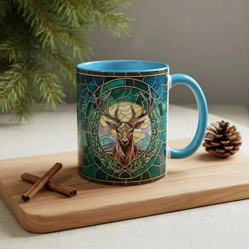 Terrasen Stag Stained Glass Style Mug, Throne of Glass Inspired Coffee Mug, White Stag Fantasy Art Cup, Bookish Reading Tea Mug