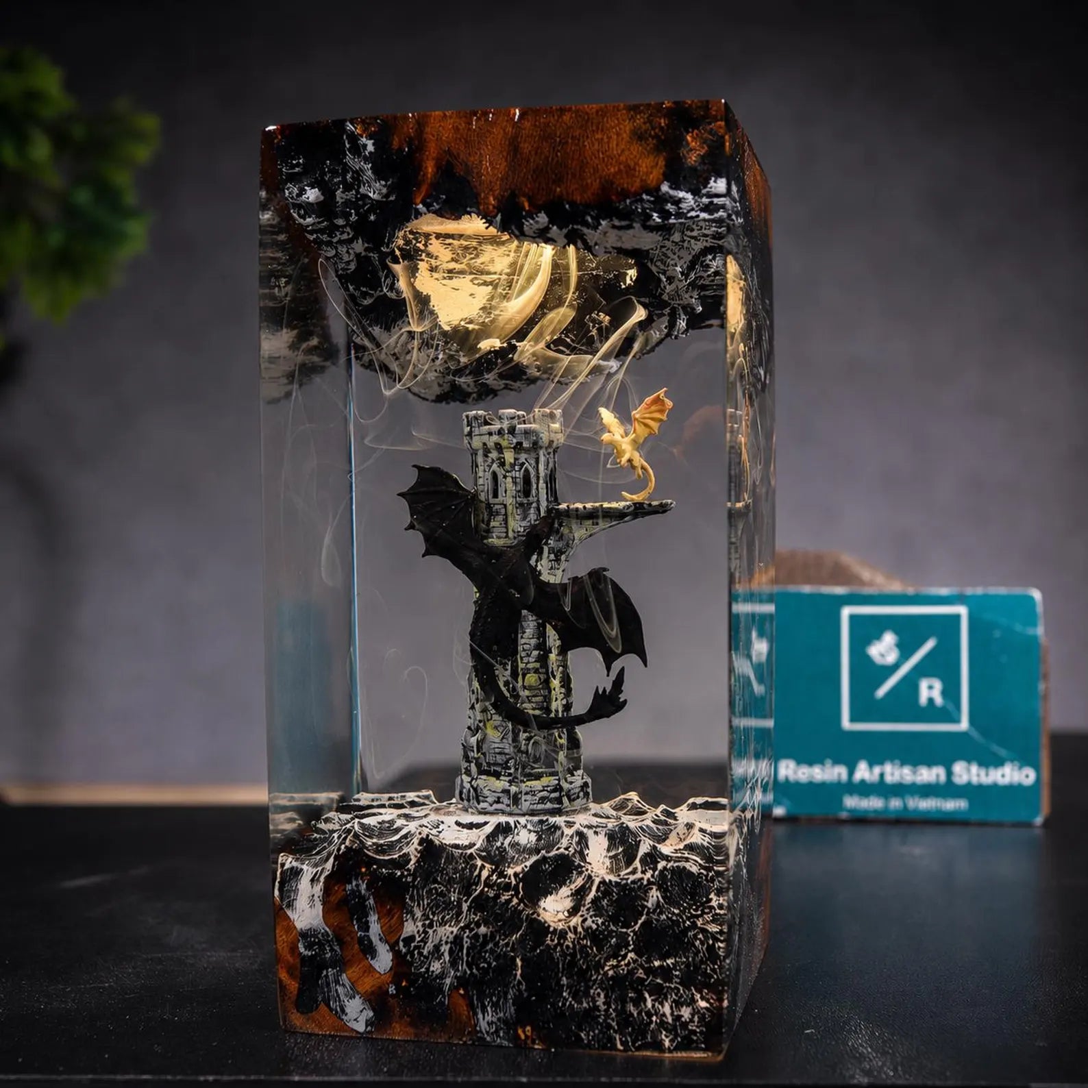Black Dragon and Rider Resin Lamp, Epic Fantasy LED Night Light, Movie Fan Inspired Decor, Legendary Night Dragon Gift. ERNLVLA16