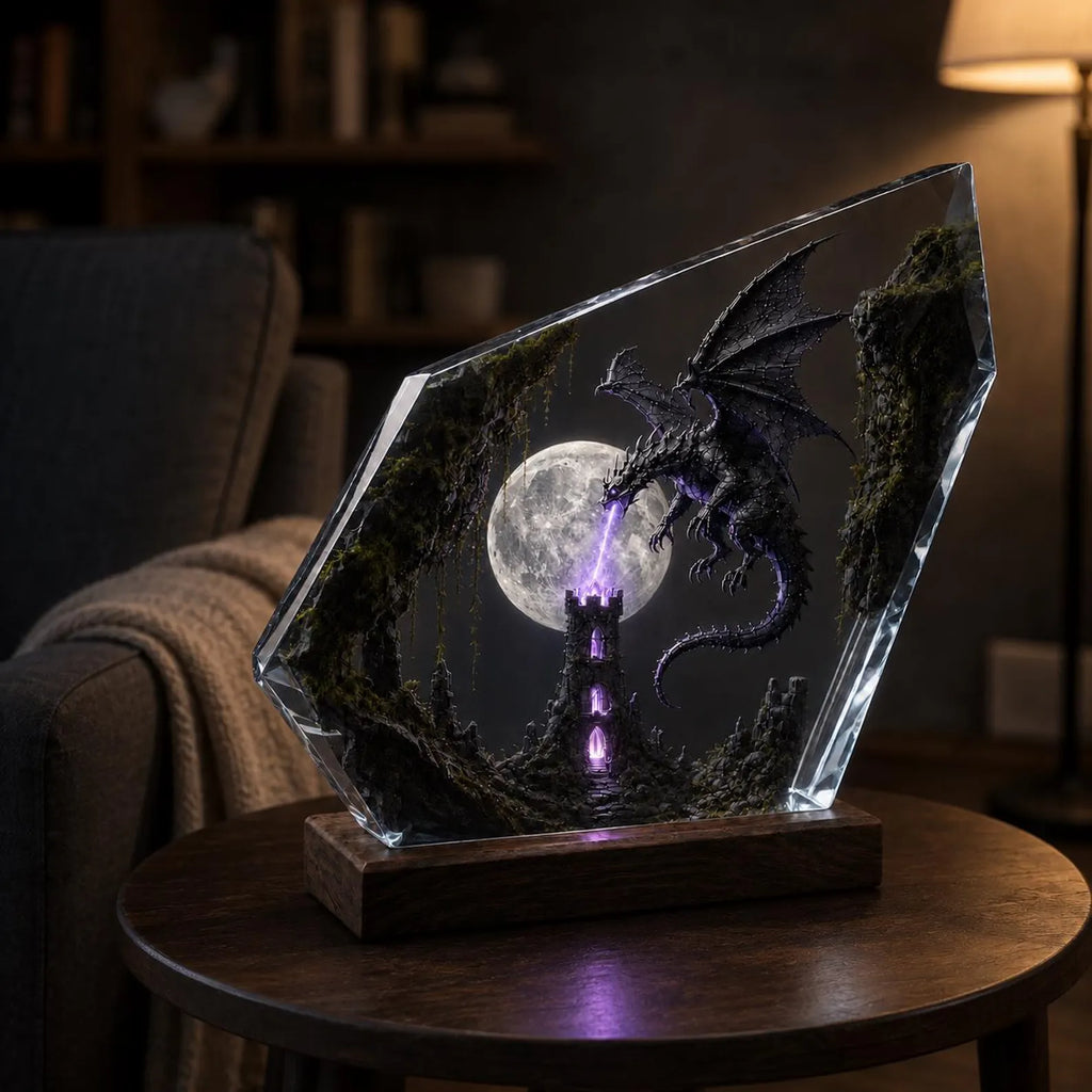 Shadow Dragon Resin Lamp, Moonlit Tower Night Light, Dark Fantasy Epoxy Wood Lamp, Handmade Dragon Decor, Unique Gift. ERNLVLA17