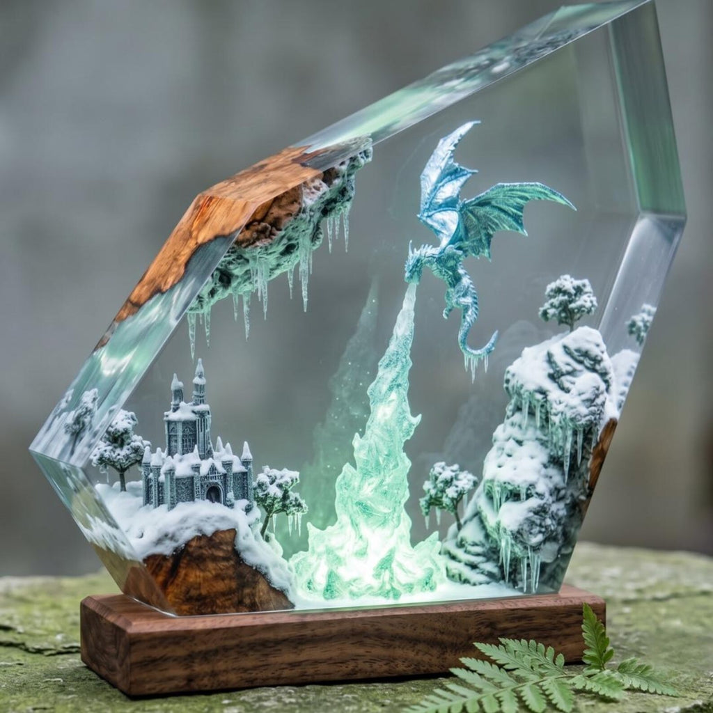 Ice Dragon Resin Lamp, Winter Castle Glacier Diorama, Frost Dragon Night Light, RGB Gamer Desk Setup Decor, Unique Fantasy Gift for Him. ERNLVLA14