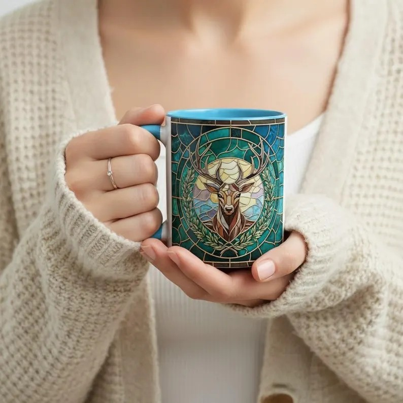 Terrasen Stag Stained Glass Style Mug, Throne of Glass Inspired Coffee Mug, White Stag Fantasy Art Cup, Bookish Reading Tea Mug (Copy)