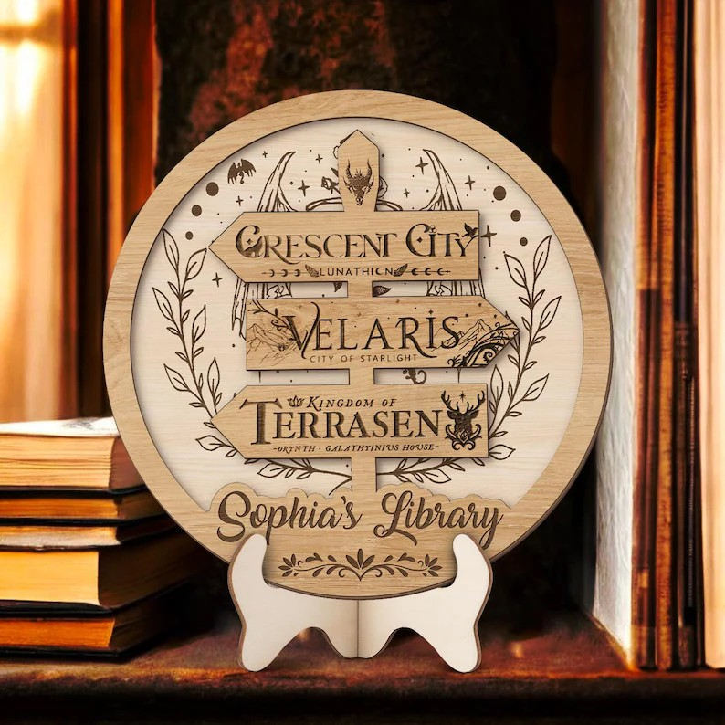 Personalized Fantasy Book Sign, Velaris Crescent City Terrasen Wooden Decor, ACOTAR Inspired Library Plaque, Book Lover Gift BTVLR42
