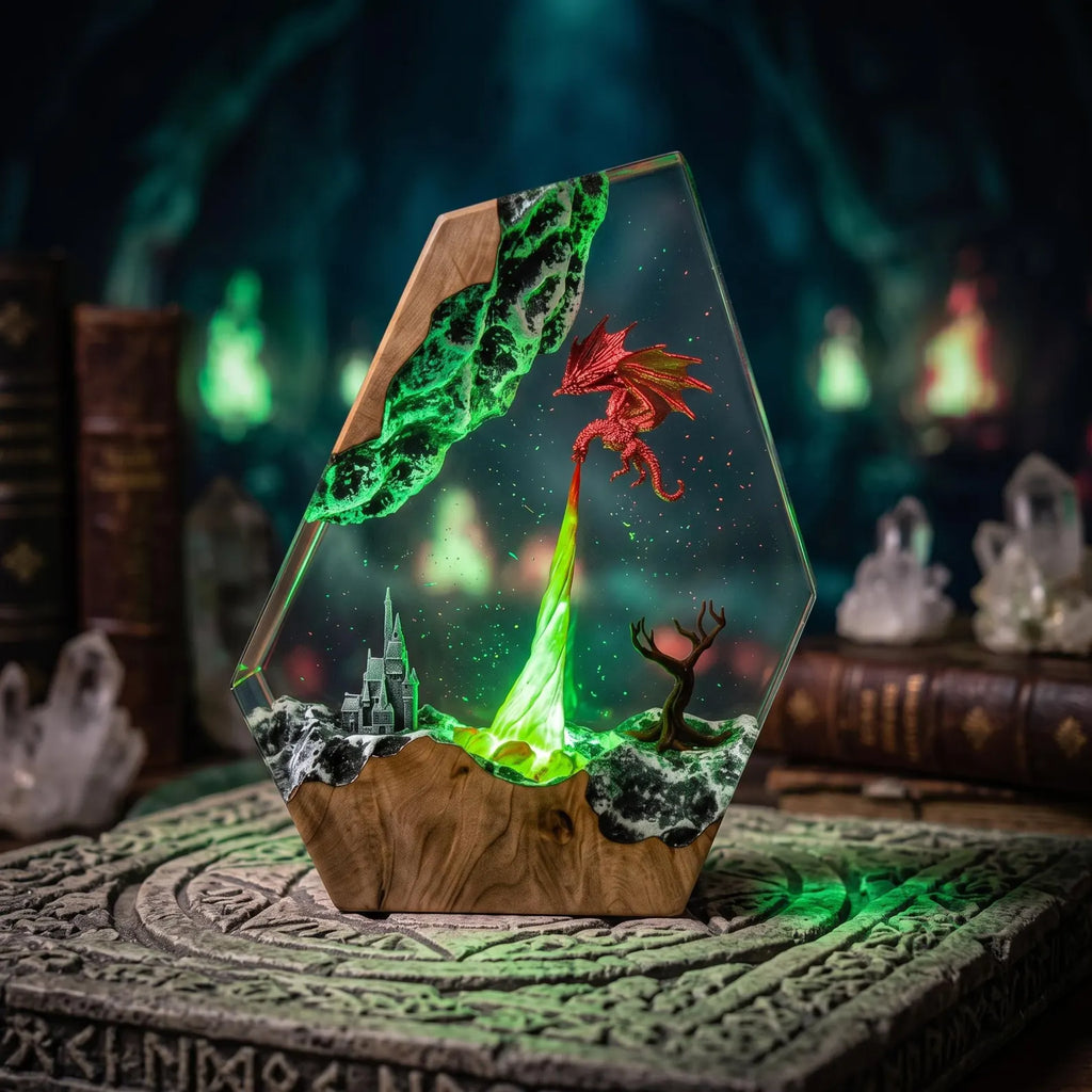 Handmade fire-breathing dragon epoxy resin 3D model lamp, anime dinosaur night light, resin table lamp, a collectible gift for movie fans.. ERNLVLA09