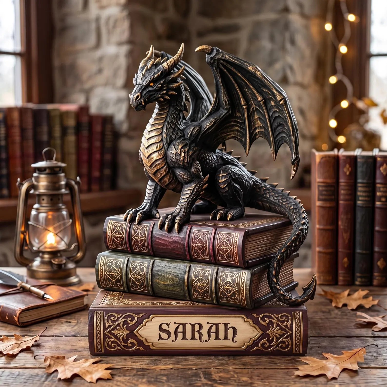 Majestic Dragon Book Stack 2D FLAT Wooden Block, Custom Dark Academia Desk Decor, Gothic Fantasy Bookshelf Sign, Book Lover Gift – WBVLR09
