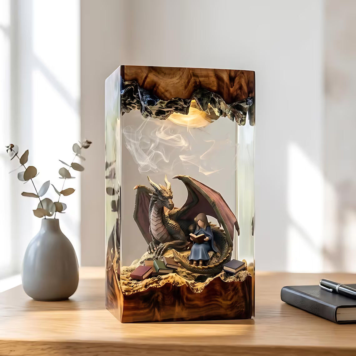 Dragon Book Resin Lamp, Twin Dragons Fantasy Reading Night Light, Magical Library Decor, Gift for Teachers and Book Lovers. ERNLVLA25