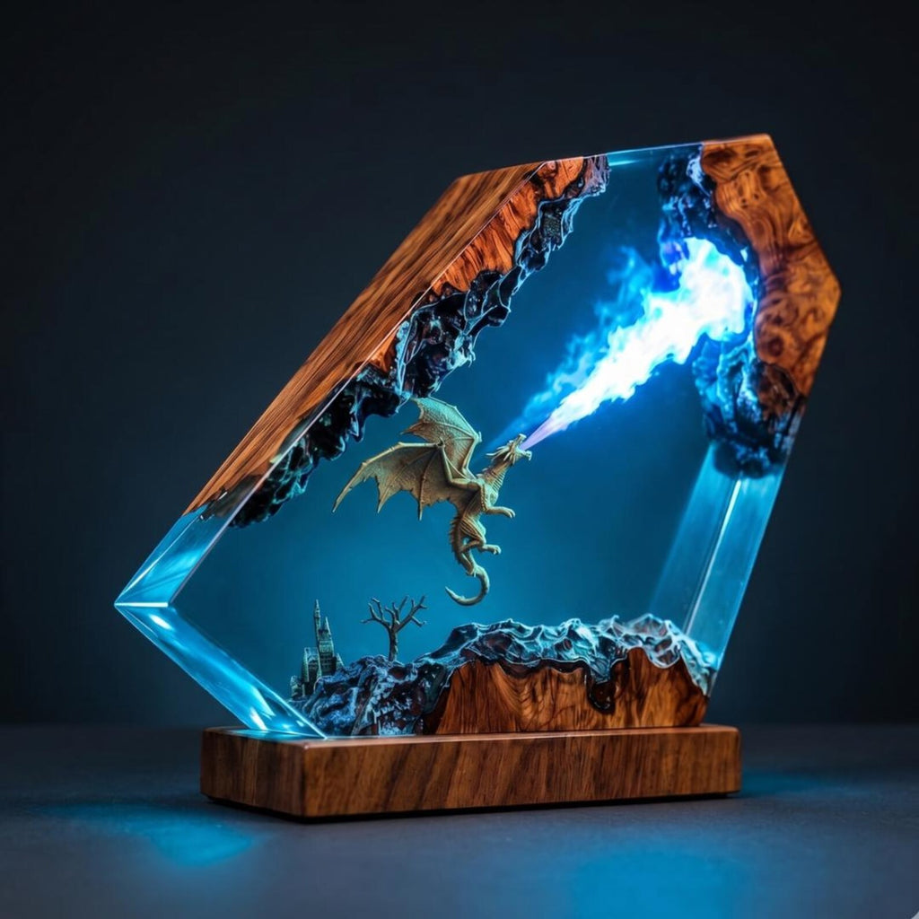 Dragon Resin Lamp, Fantasy Dragon Fire Breath Light, Epoxy Resin Art, LED Night Light, Dragon Decor, Gamer Gift. ERNLVLA07