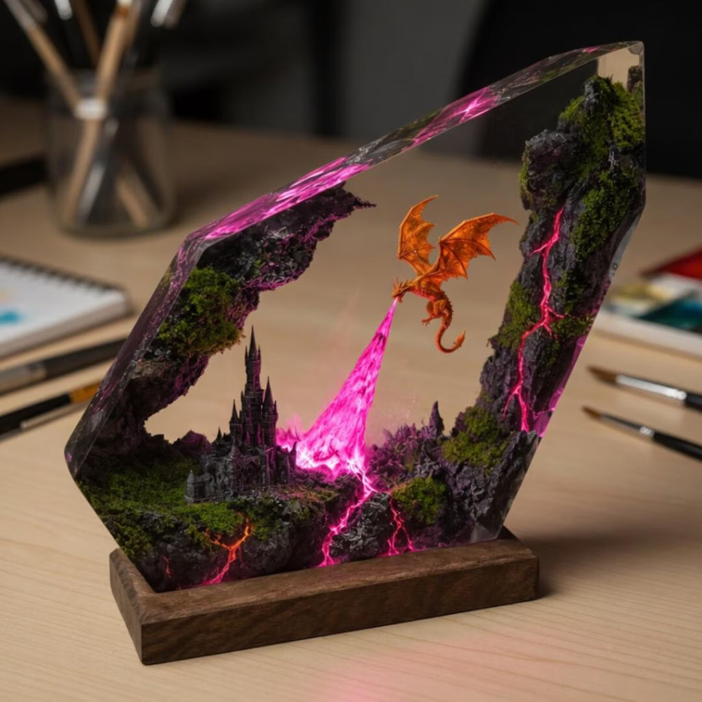 Dragon Resin Diorama Lamp, Fantasy Epoxy Night Light with Castle Scene, LED Wood Base, Unique Gift for Dragon Lovers, Gift For Him Dad. ERNLVLA10
