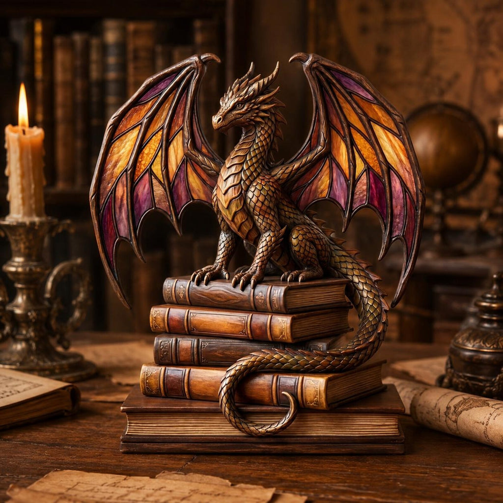 Dragon Book Stack Wooden Block Decor, Magical Library Accent, 2d flat print  – WBVLR07