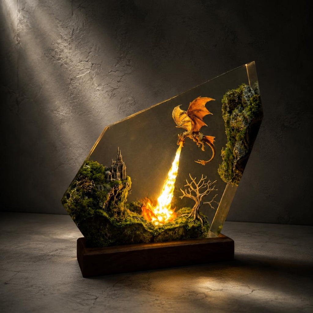 Fire Breathing Dragon Lamp, Resin Castle Diorama, Moss Epoxy Night Light, Gift for Dad, Gaming Desk Setup, Handmade Dragon Statue. ERNLVLA11