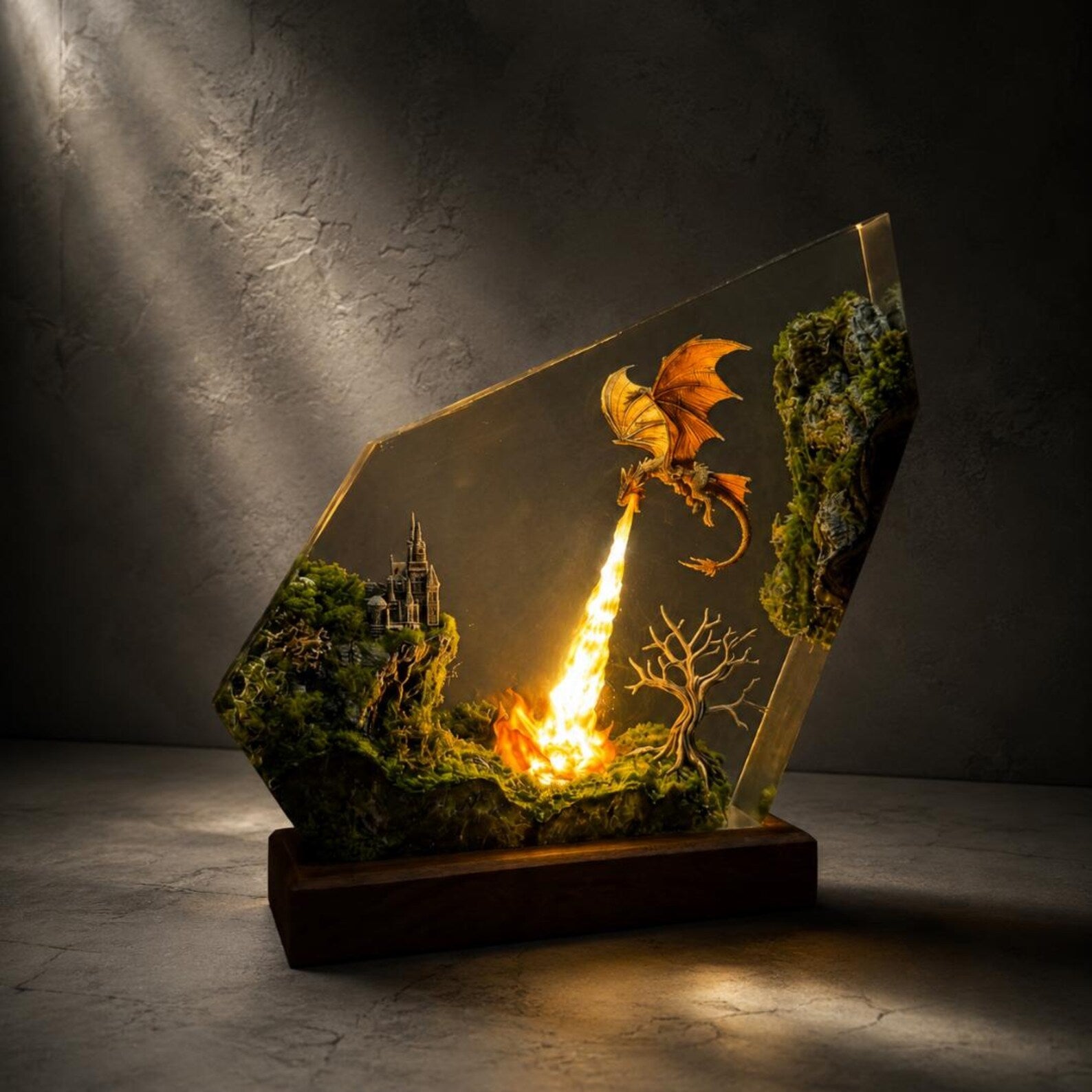 Fire Breathing Dragon Lamp, Resin Castle Diorama, Moss Epoxy Night Light, Gift for Dad, Gaming Desk Setup, Handmade Dragon Statue. ERNLVLA11