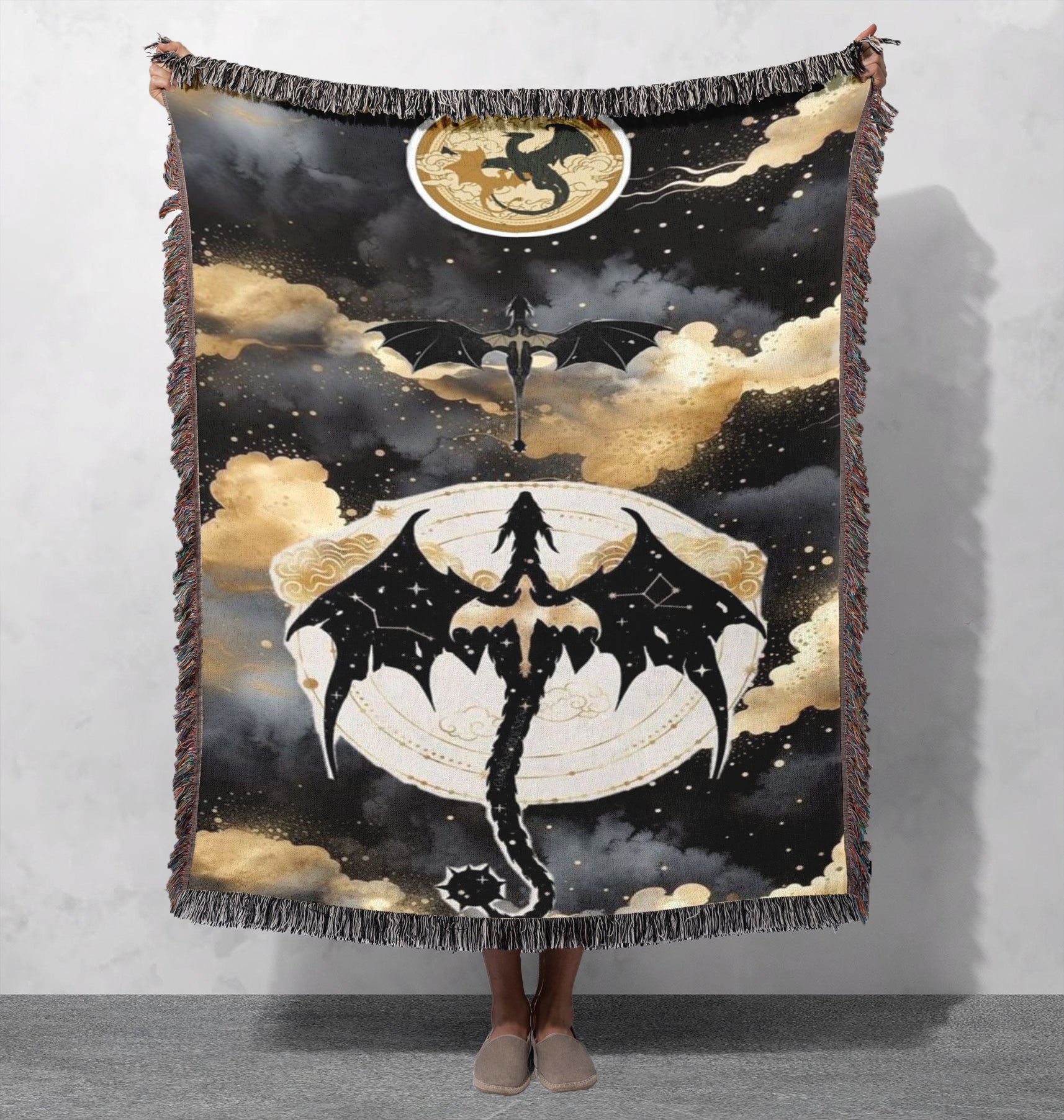 Fourth Wing Dragon Woven Blanket, Fantasy Art Throw Blanket, Black and Gold Dragon Design, Cosplay Gift, Magical Creature Home Decor BKVLR06