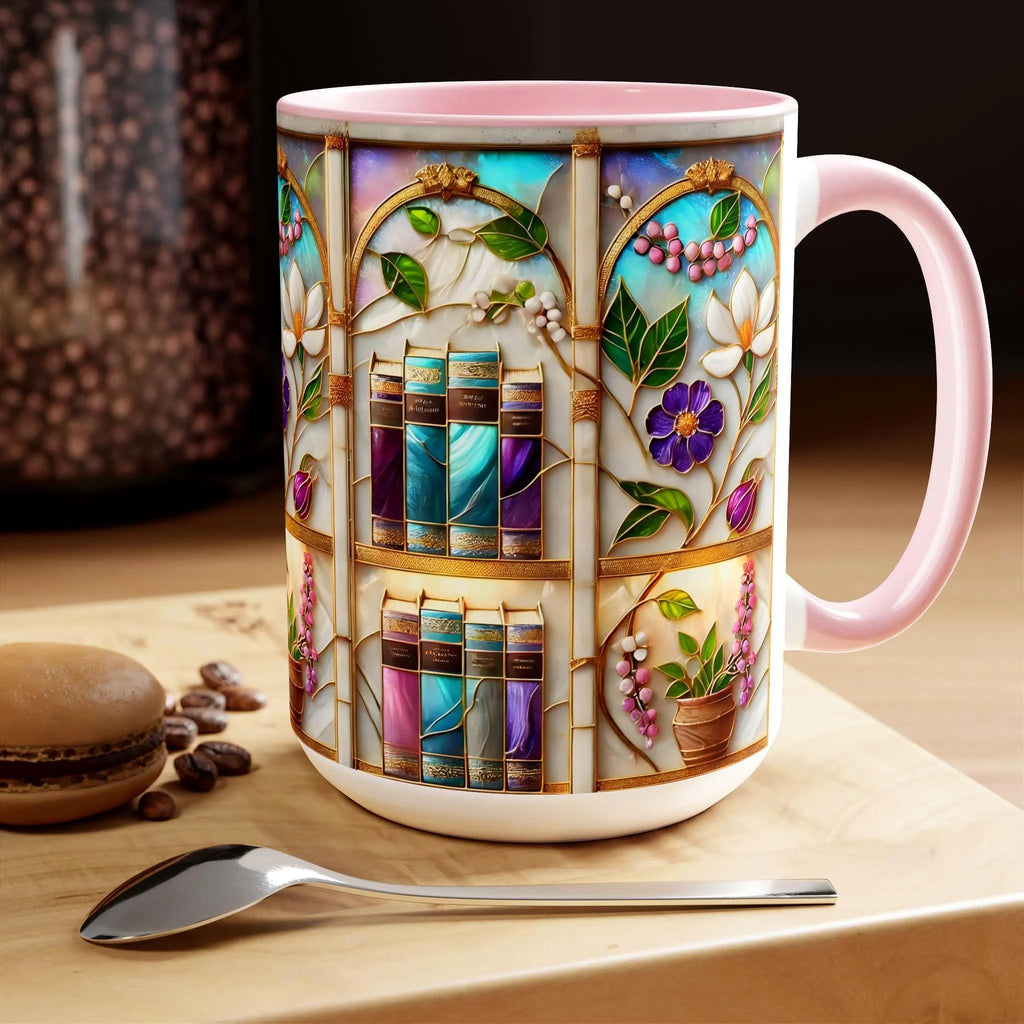 Floral Bookshelf Coffee Mug, Bookish Stained-Glass Style Ceramic Mug, Book Lover Gift Mug