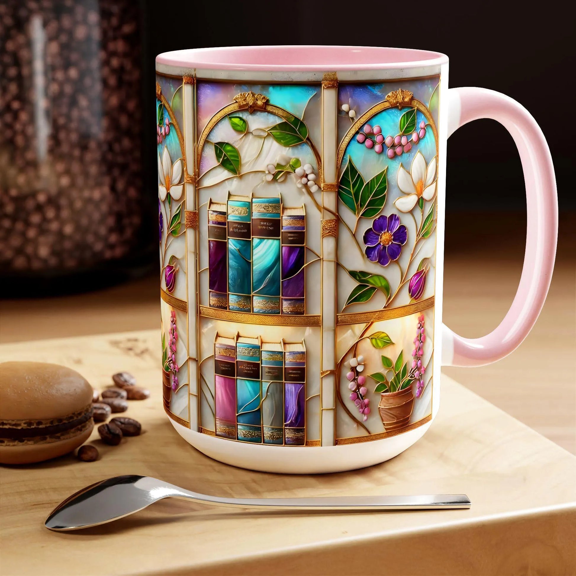 Floral Bookshelf Coffee Mug, Bookish Stained-Glass Style Ceramic Mug, Book Lover Gift Mug