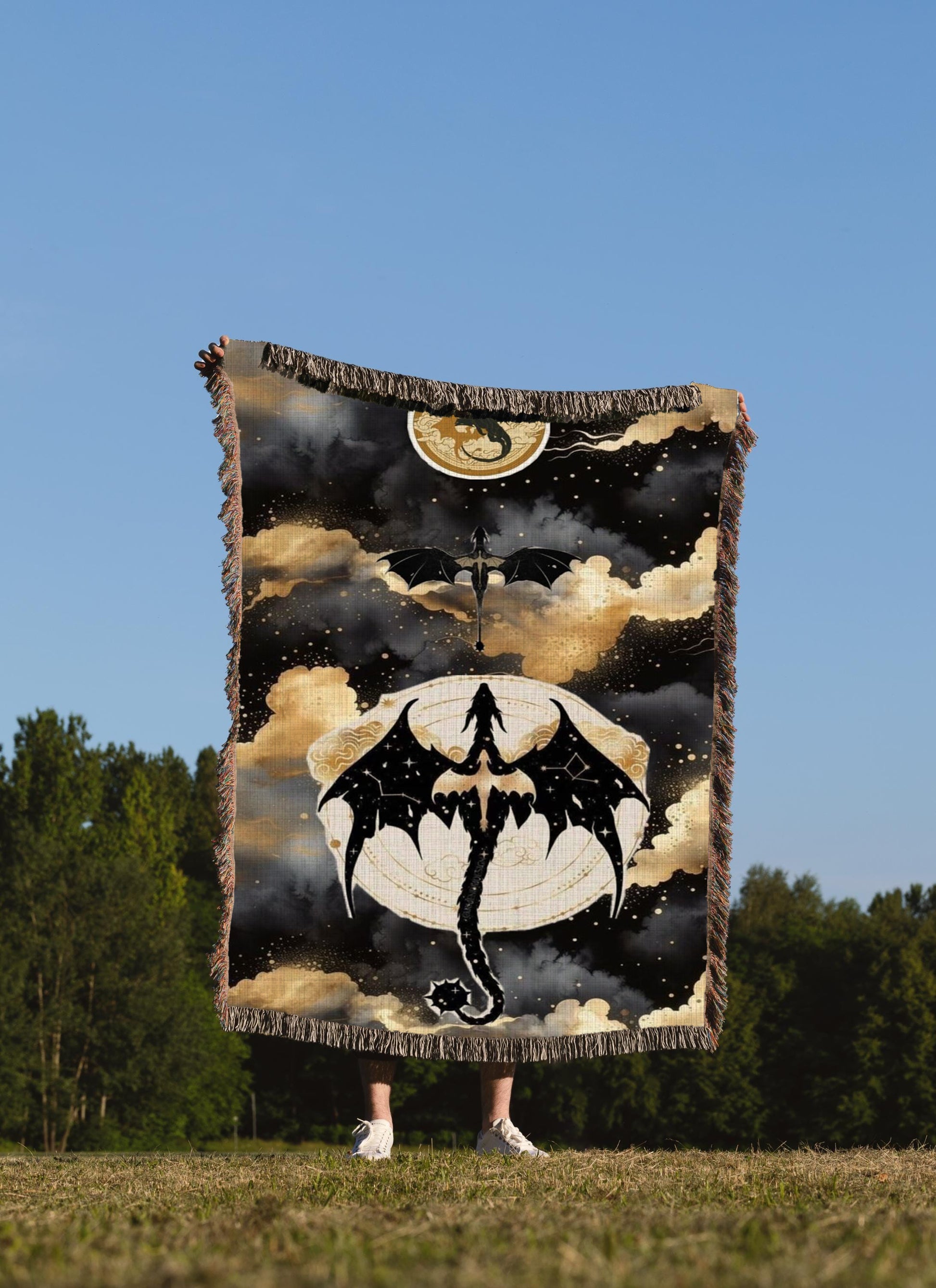 Fourth Wing Dragon Woven Blanket, Fantasy Art Throw Blanket, Black and Gold Dragon Design, Cosplay Gift, Magical Creature Home Decor BKVLR06