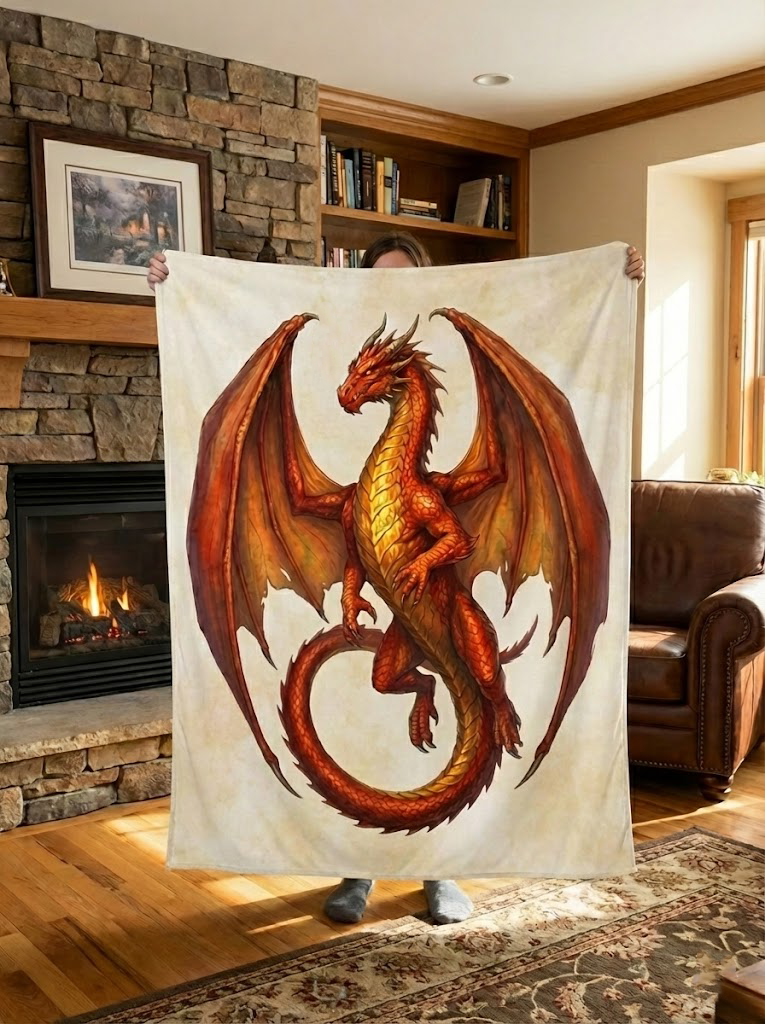 Red Fire Dragon Blanket, Majestic Winged Dragon Design, Mythical Dragon Fantasy Blanket, Cozy Fleece Sherpa Blanket, Gift for Fantasy Lovers BLK06