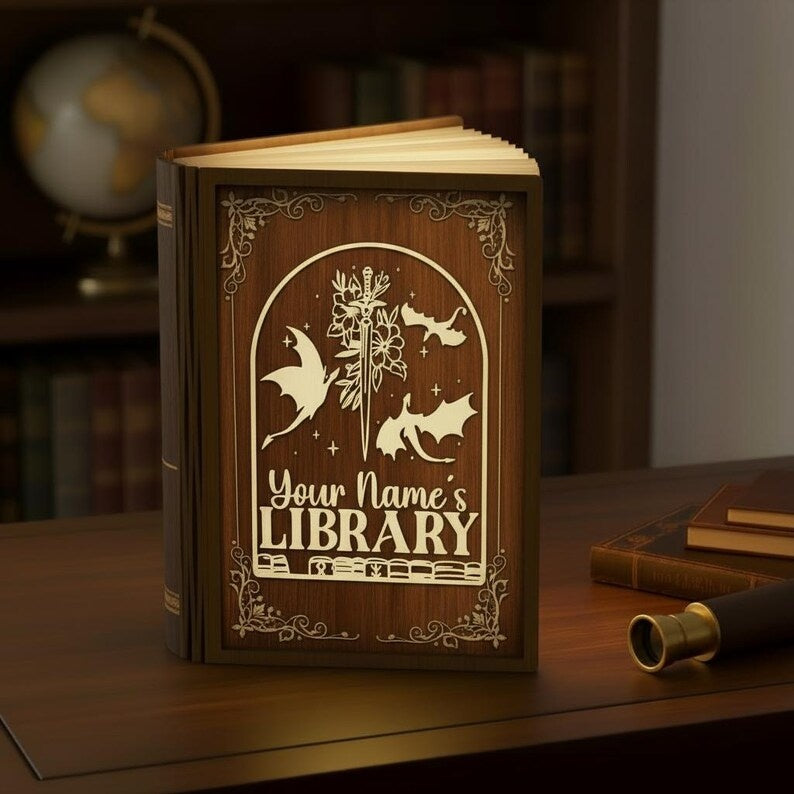 Personalized Fantasy Library Book Lamp, Custom Name LED Book Light, Dragon Sword Gothic Decor, Book Lover Gift, Cozy Reading Night Lamp BLVLR06