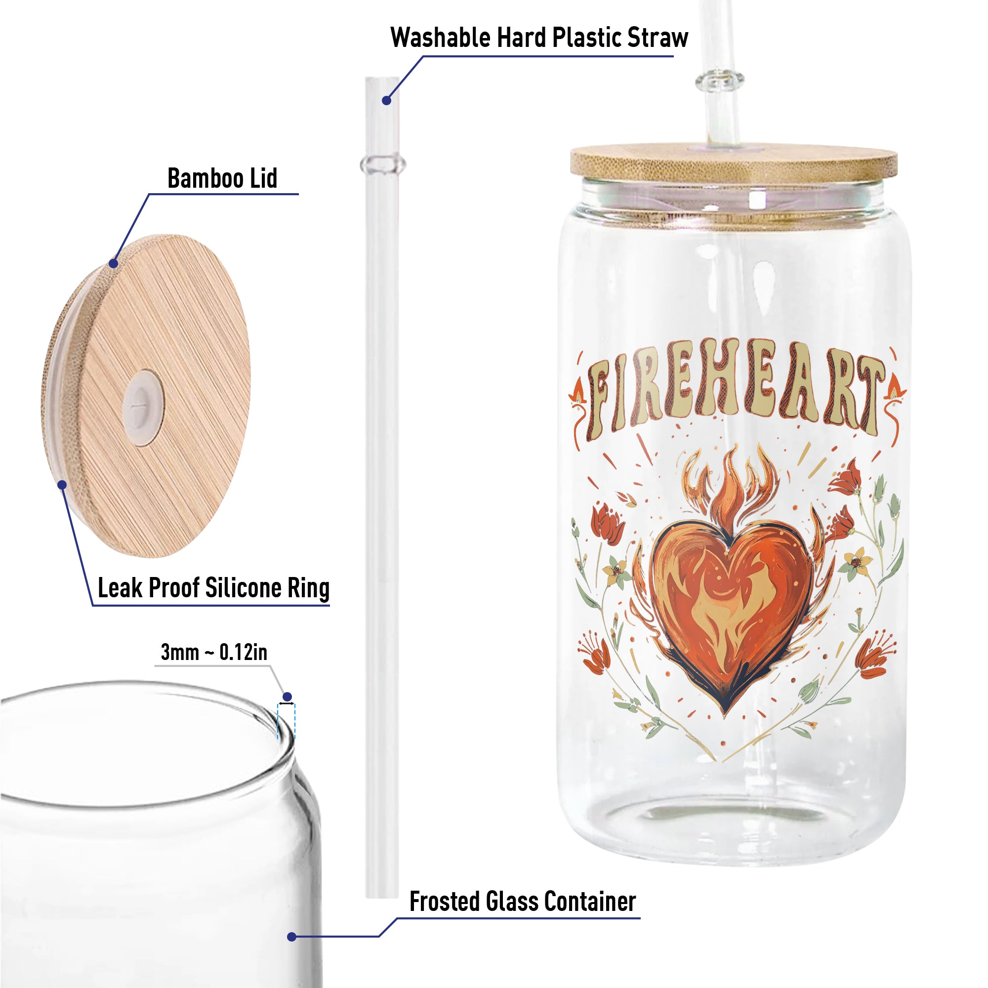 Fireheart Glass Can Cup with Straw, Aelin Galathynius Throne of Glass Tumbler, Bookish Fantasy Gift Drinkware GLVLR42