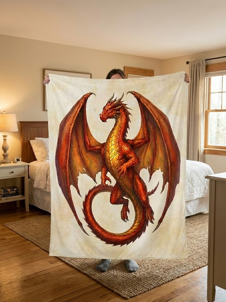 Red Fire Dragon Blanket, Majestic Winged Dragon Design, Mythical Dragon Fantasy Blanket, Cozy Fleece Sherpa Blanket, Gift for Fantasy Lovers BLK06