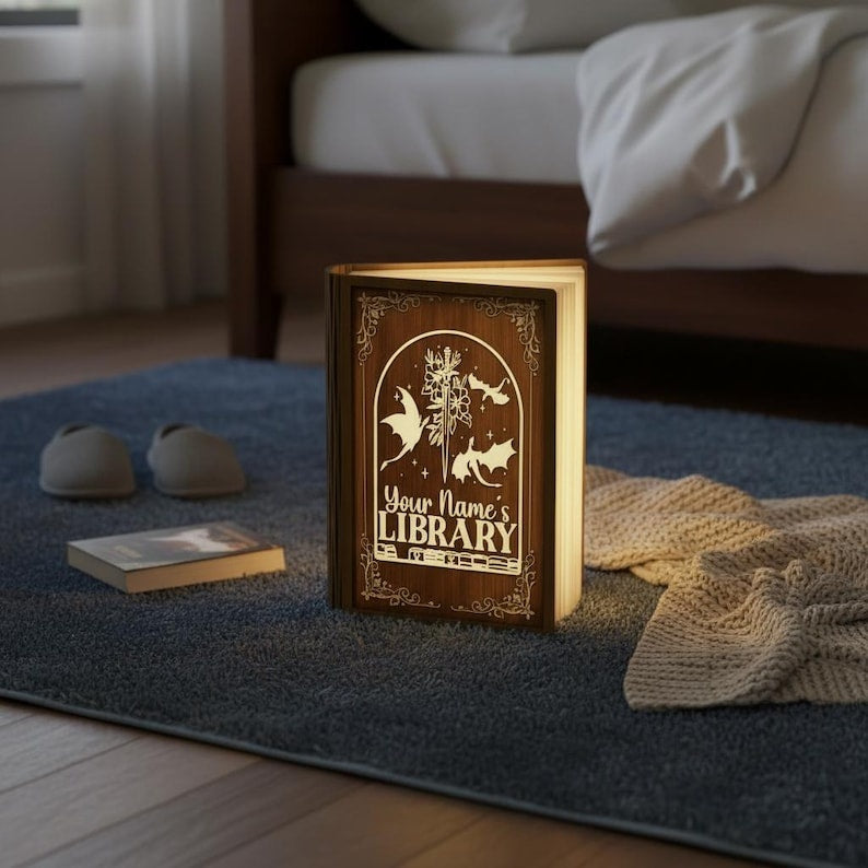 Personalized Fantasy Library Book Lamp, Custom Name LED Book Light, Dragon Sword Gothic Decor, Book Lover Gift, Cozy Reading Night Lamp BLVLR06