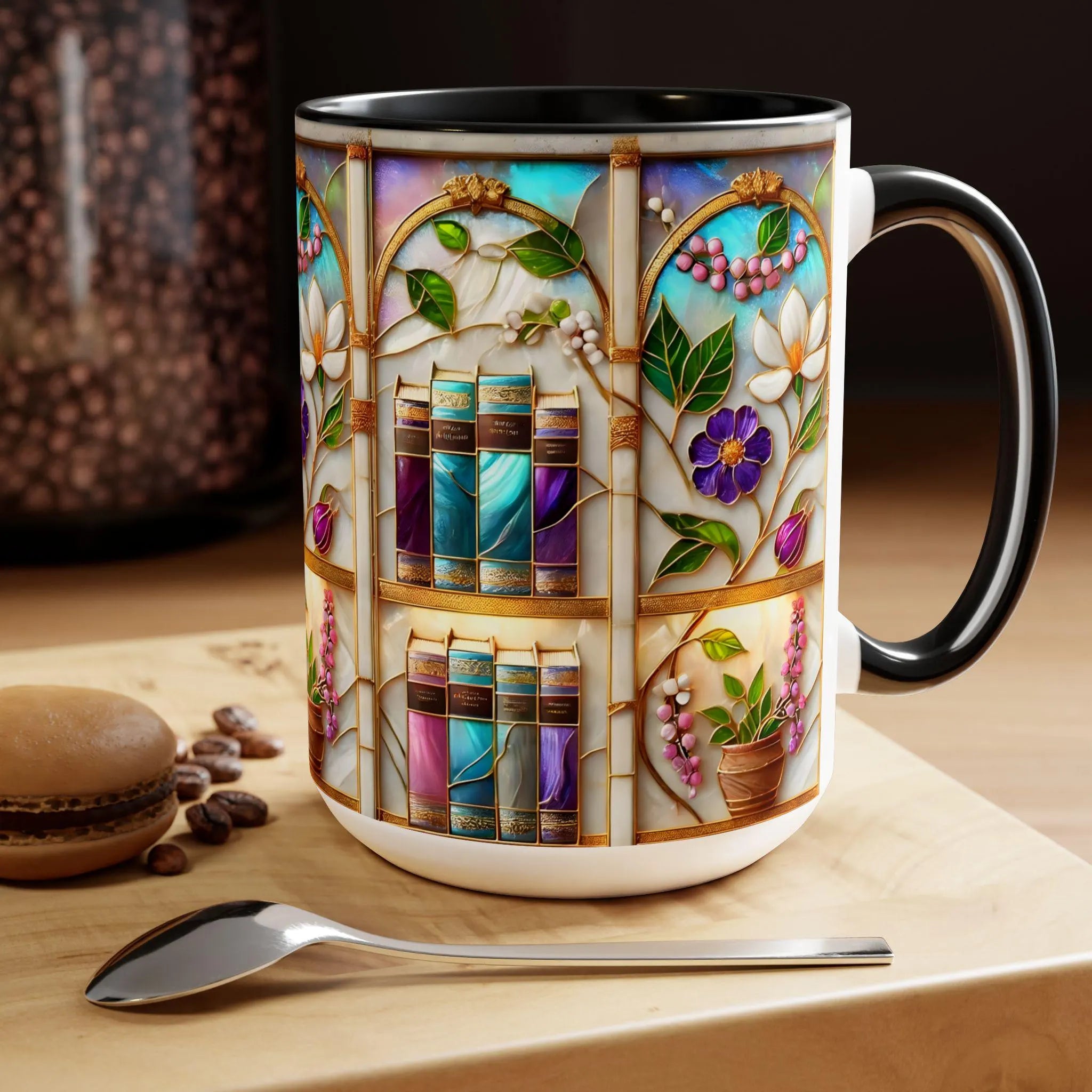 Floral Bookshelf Coffee Mug, Bookish Stained-Glass Style Ceramic Mug, Book Lover Gift Mug MFVLR06