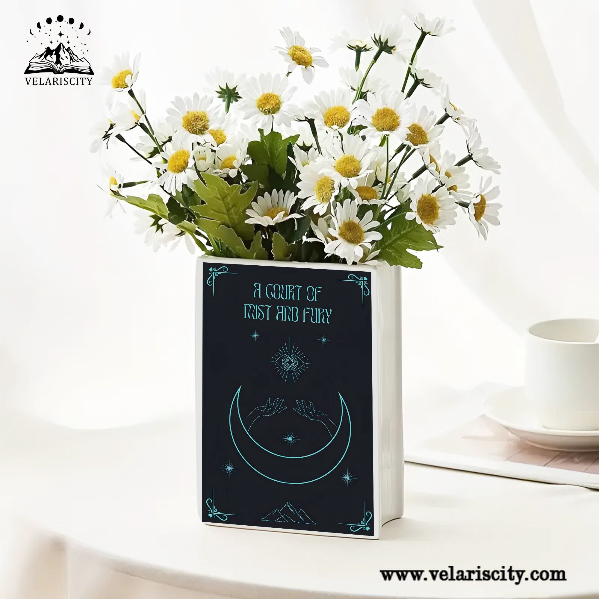 A Court of Mist and Fury Ceramic Book Vase, Fantasy Romance Decor, Night Court Moon Magic Aesthetic Gift for Book Lovers CVVRL04