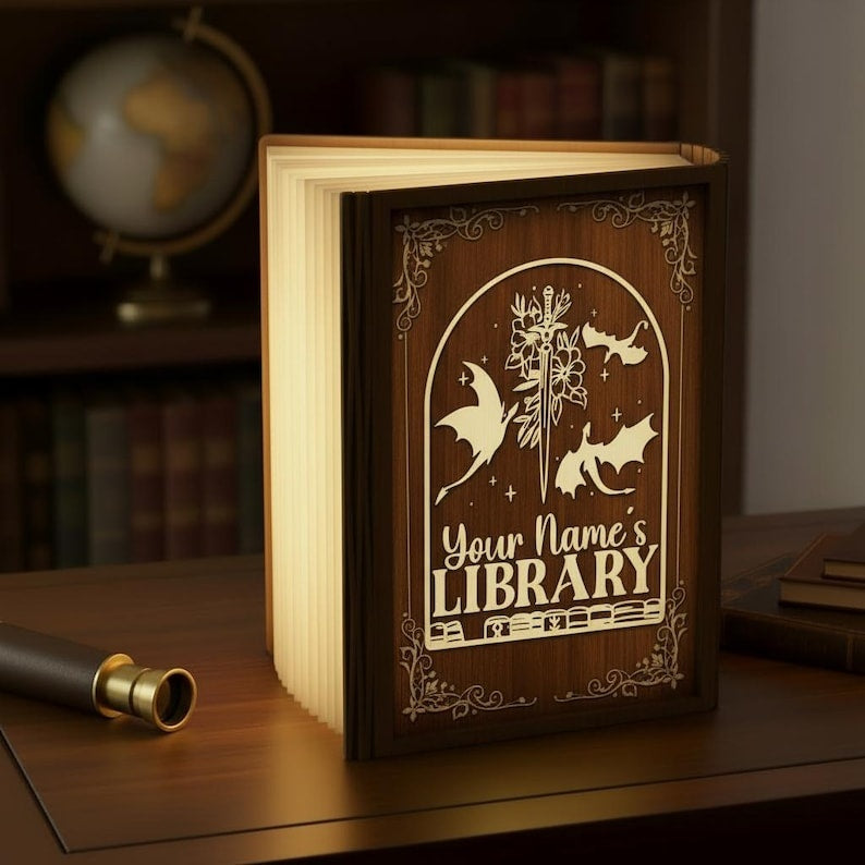 Personalized Fantasy Library Book Lamp, Custom Name LED Book Light, Dragon Sword Gothic Decor, Book Lover Gift, Cozy Reading Night Lamp BLVLR06