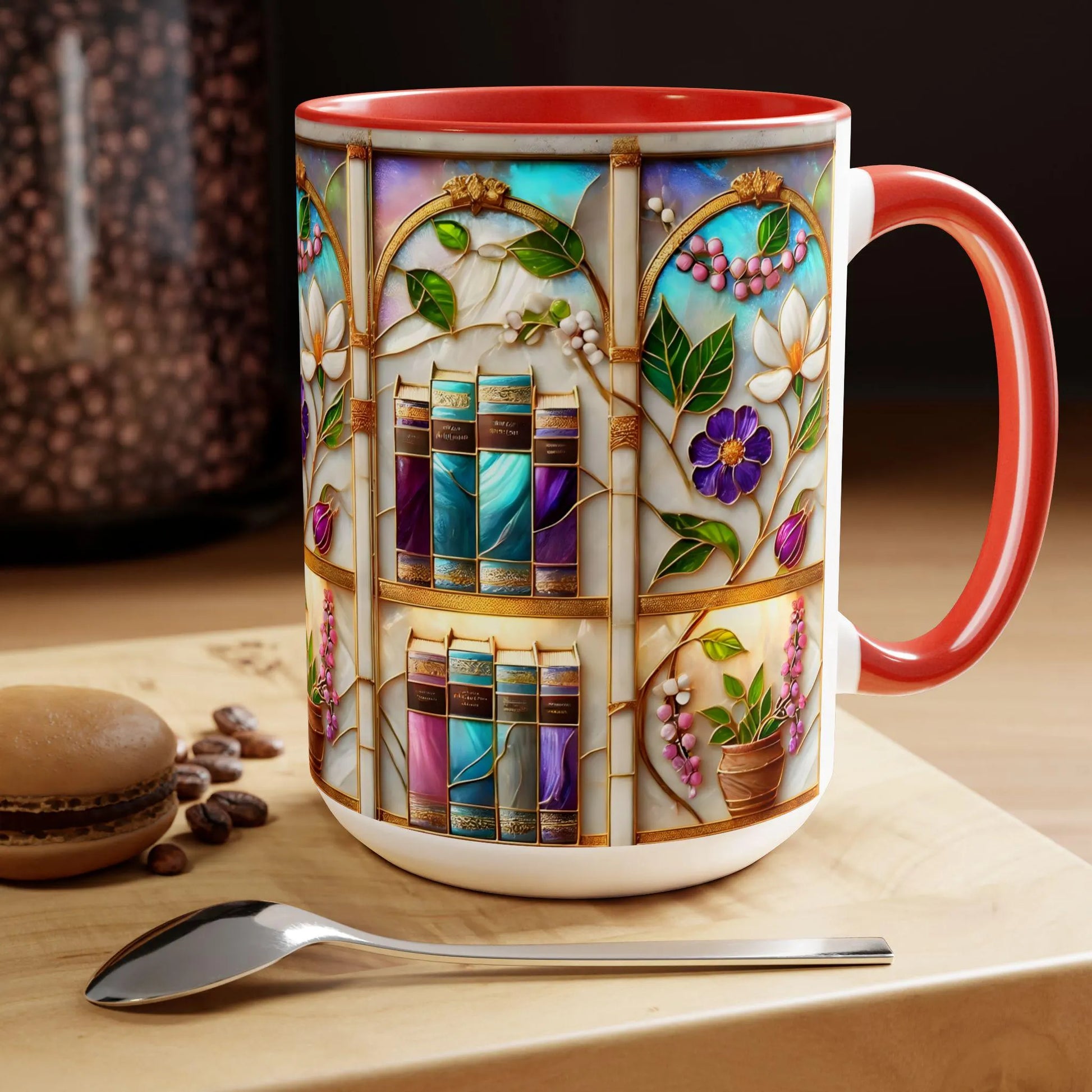 Floral Bookshelf Coffee Mug, Bookish Stained-Glass Style Ceramic Mug, Book Lover Gift Mug