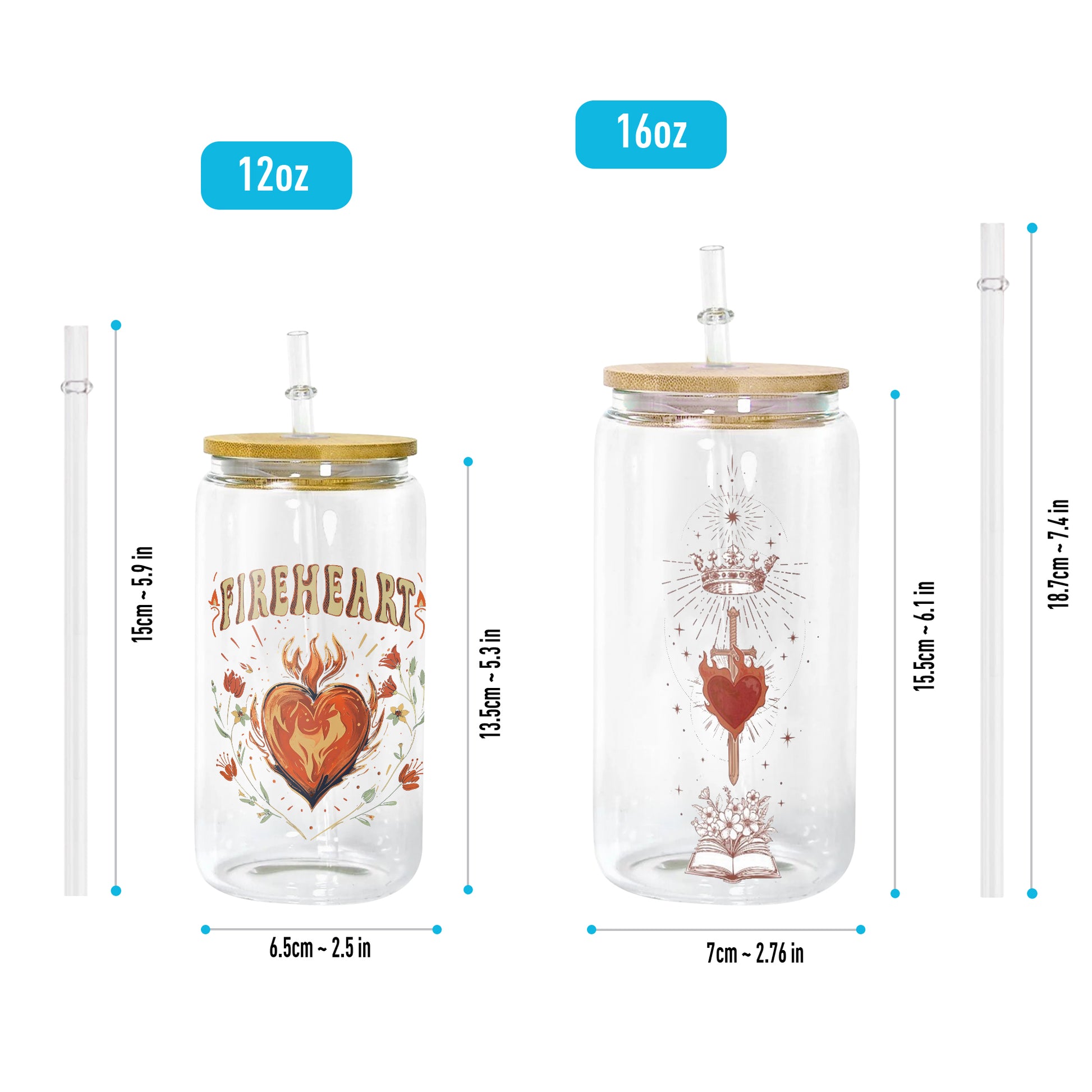 Fireheart Glass Can Cup with Straw, Aelin Galathynius Throne of Glass Tumbler, Bookish Fantasy Gift Drinkware GLVLR42