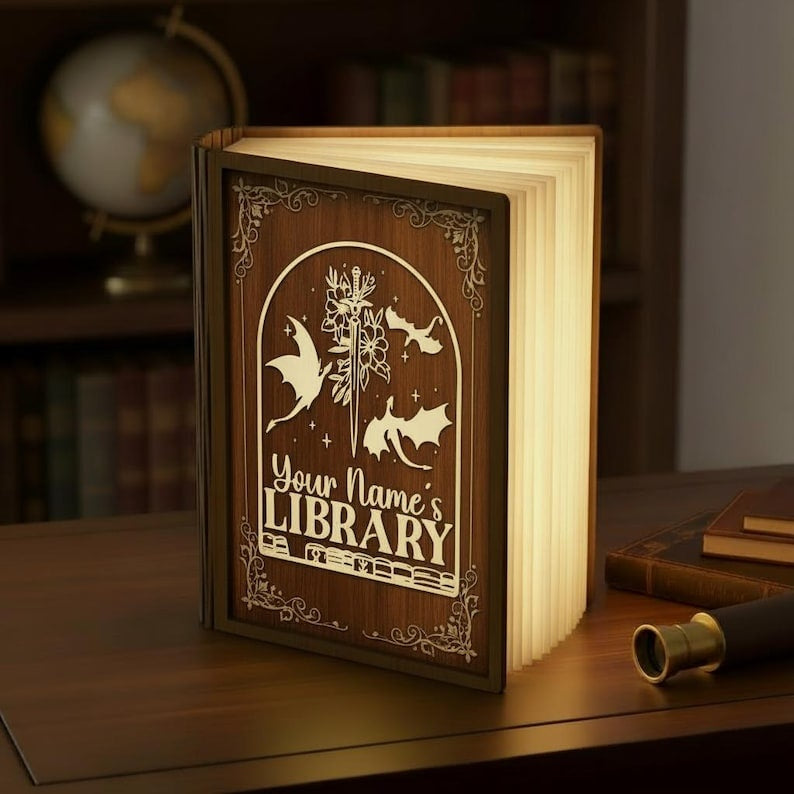 Personalized Fantasy Library Book Lamp, Custom Name LED Book Light, Dragon Sword Gothic Decor, Book Lover Gift, Cozy Reading Night Lamp BLVLR06