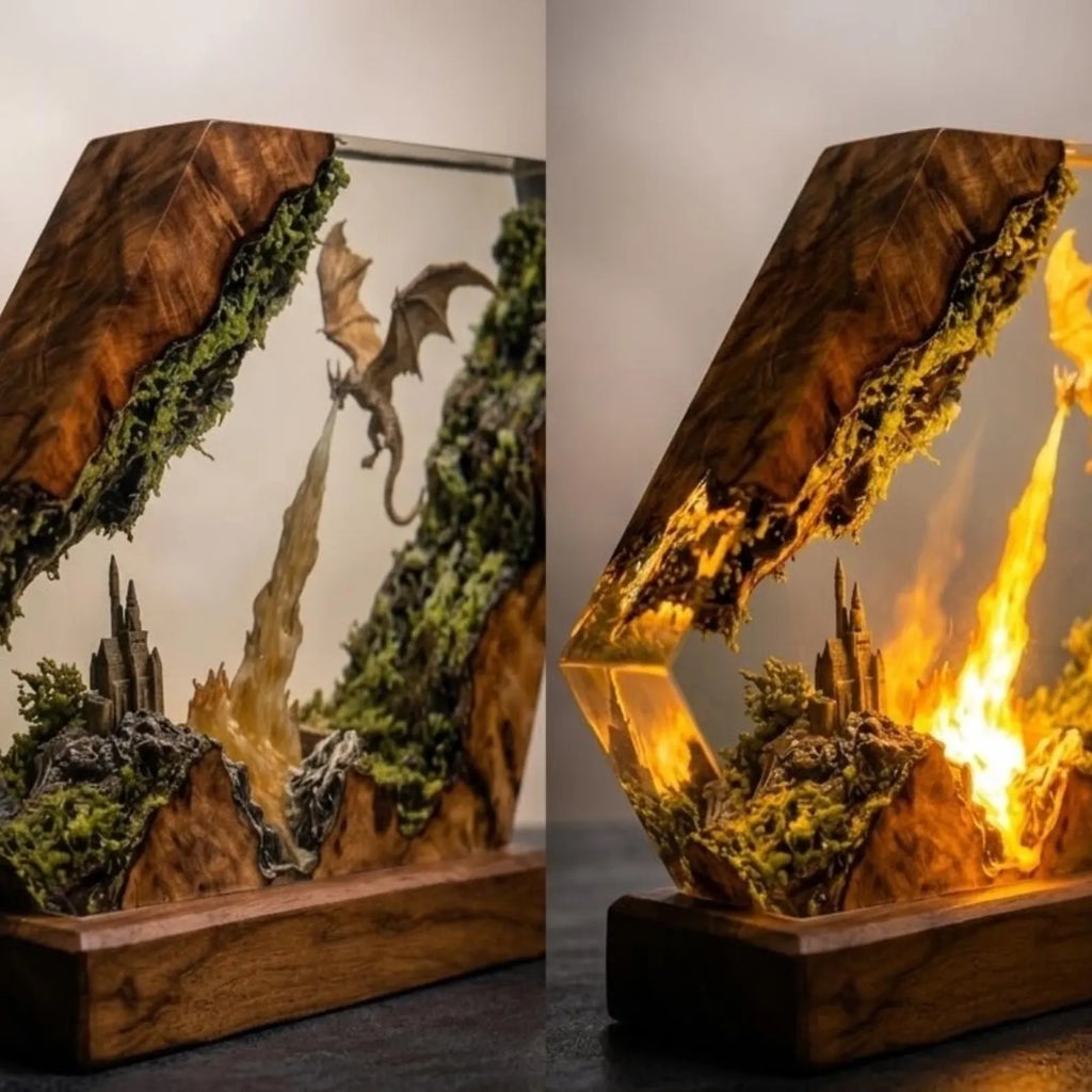 Fire Dragon Resin Lamp – Epoxy Wood Dragon Lamp | Handmade Fantasy Night Light | Dragon Figure Decor | Unique Gift for Gamers & Collectors. ERNLVLA03